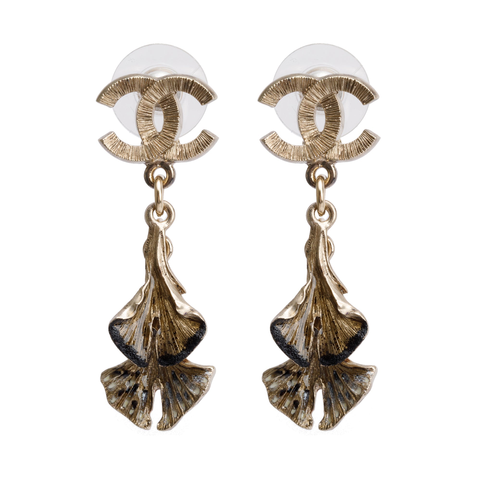 Chanel Gold Plated Leaf CC Drop Earrings w/ Box