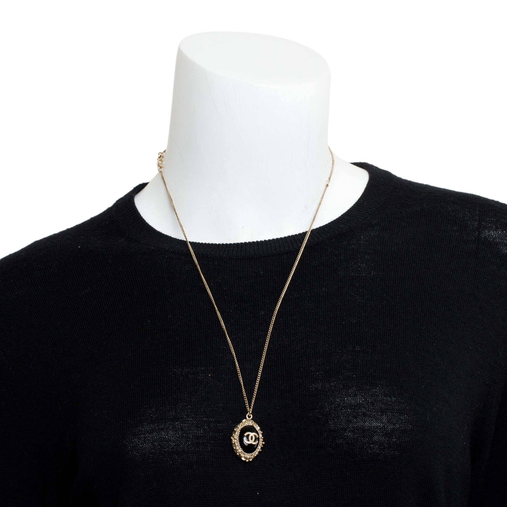 Chanel Gold-Plated Metal Black Resin CC Pendant Necklace w/ Box