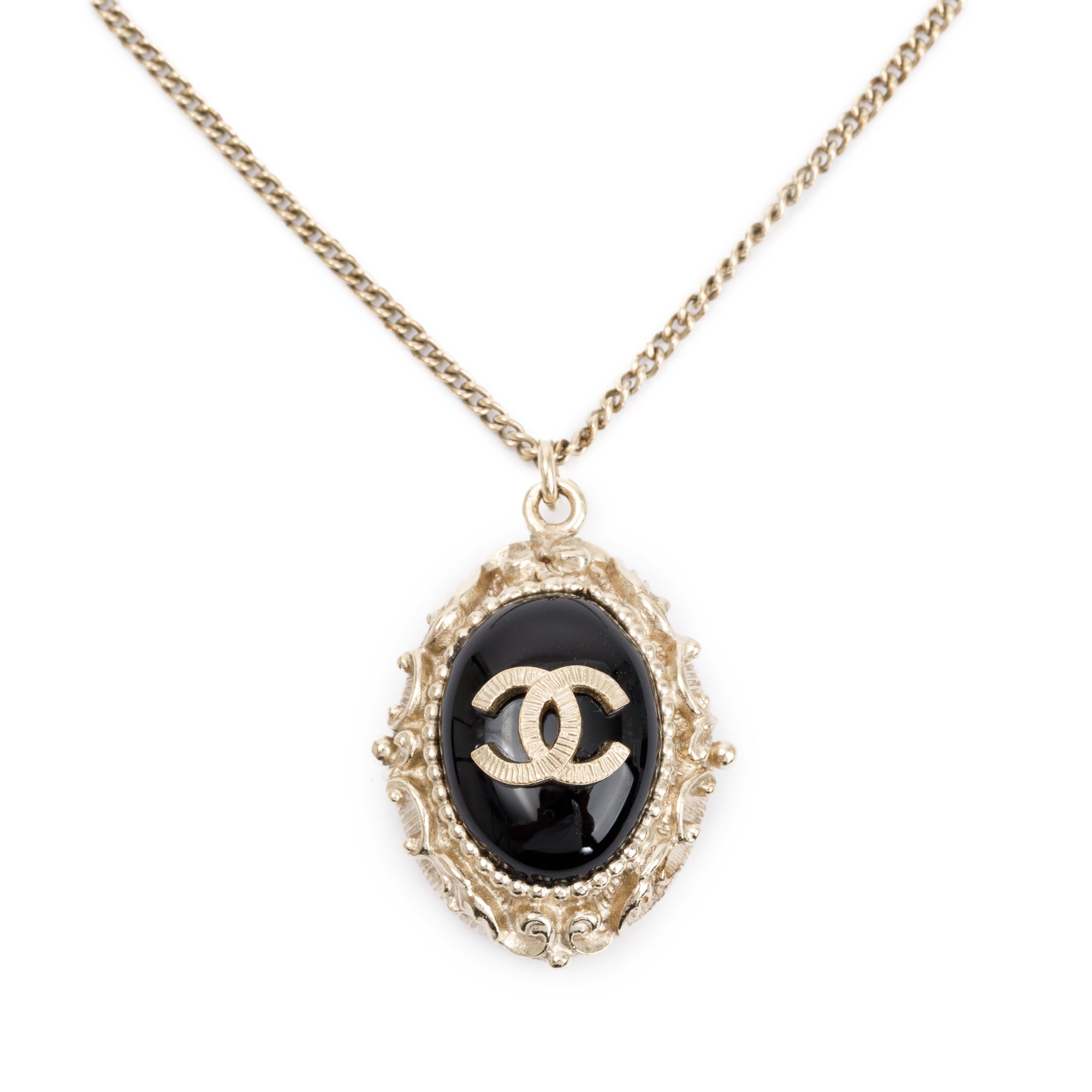 Chanel Gold-Plated Metal Black Resin CC Pendant Necklace w/ Box