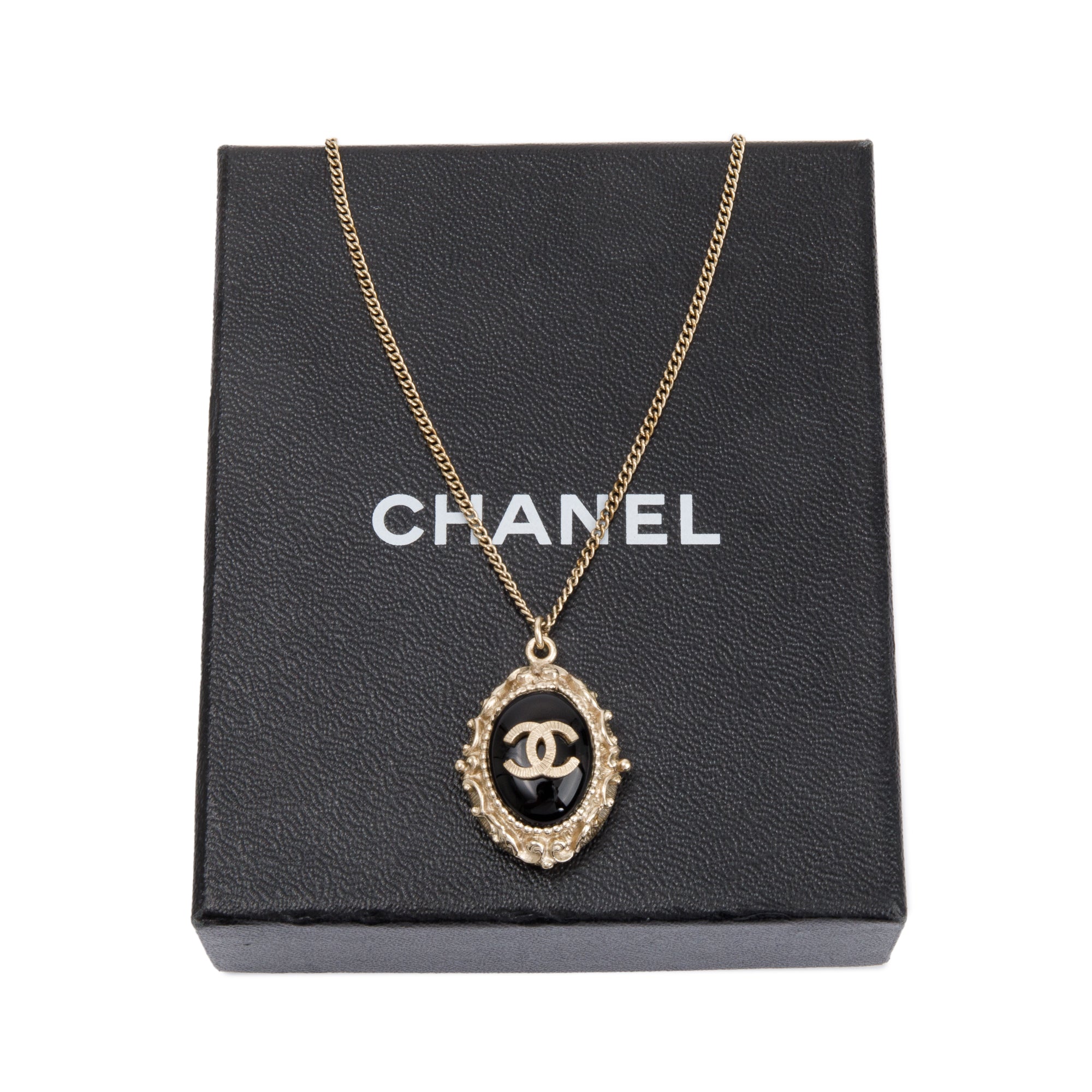 Chanel Gold-Plated Metal Black Resin CC Pendant Necklace w/ Box