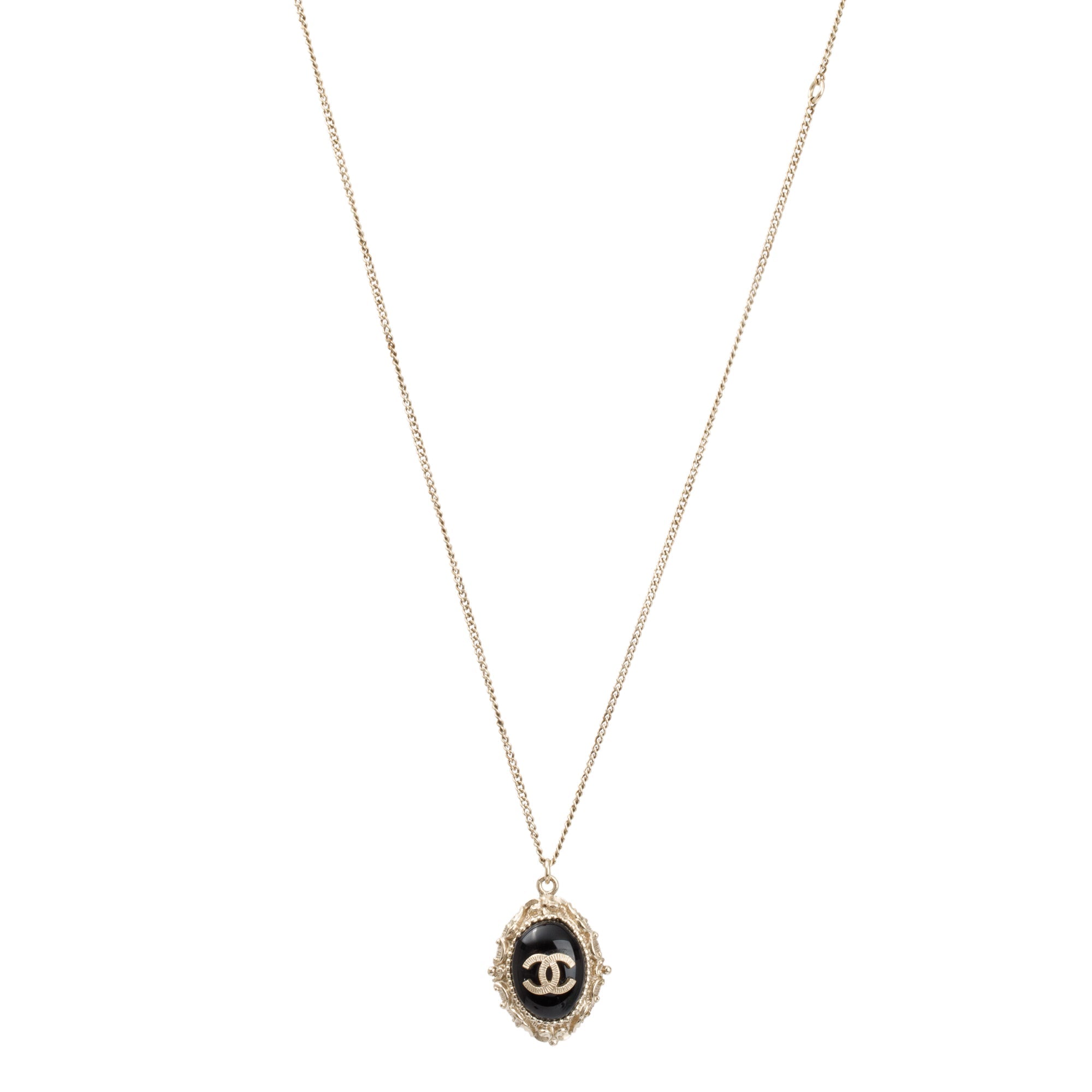 Chanel Gold-Plated Metal Black Resin CC Pendant Necklace w/ Box