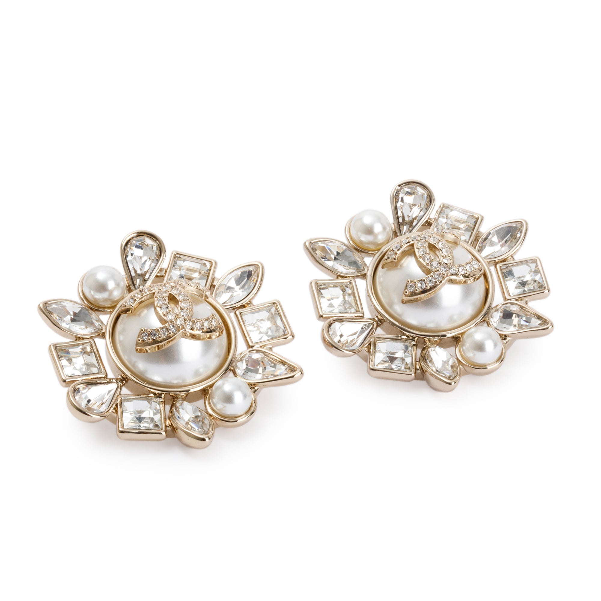 Chanel Gold-Plated Metal Flower Mixed Crystal CC & Faux Pearl Earrings w/ Box