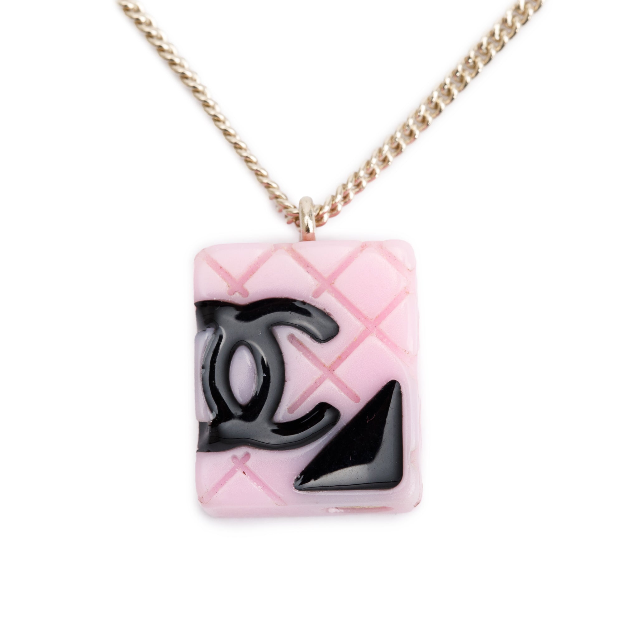 Chanel Gold-Plated Metal Pink & Black Resin CC Cambon Bag Pendant Necklace