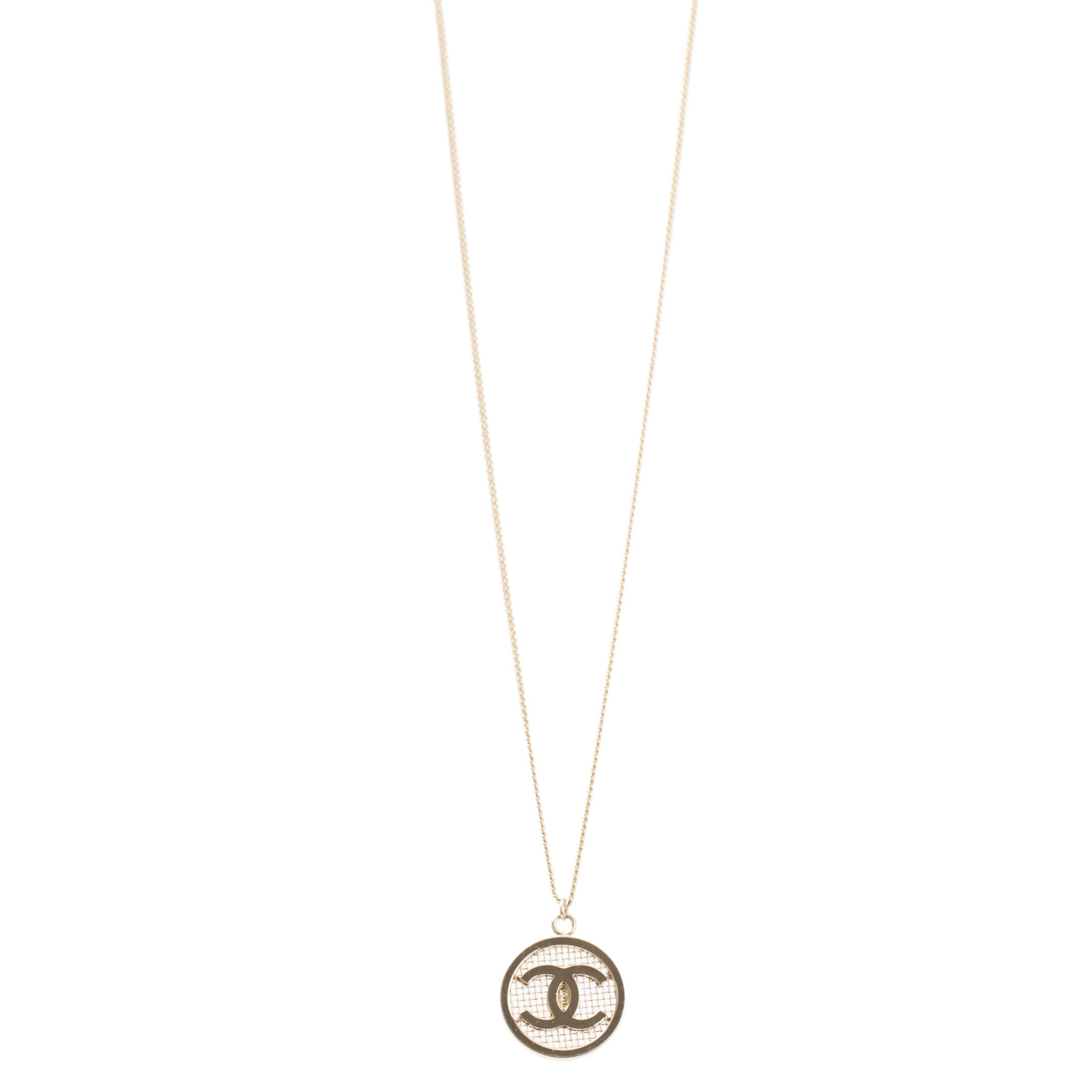 Chanel Gold-Plated Metal Round CC Coco Mesh Pendant Necklace
