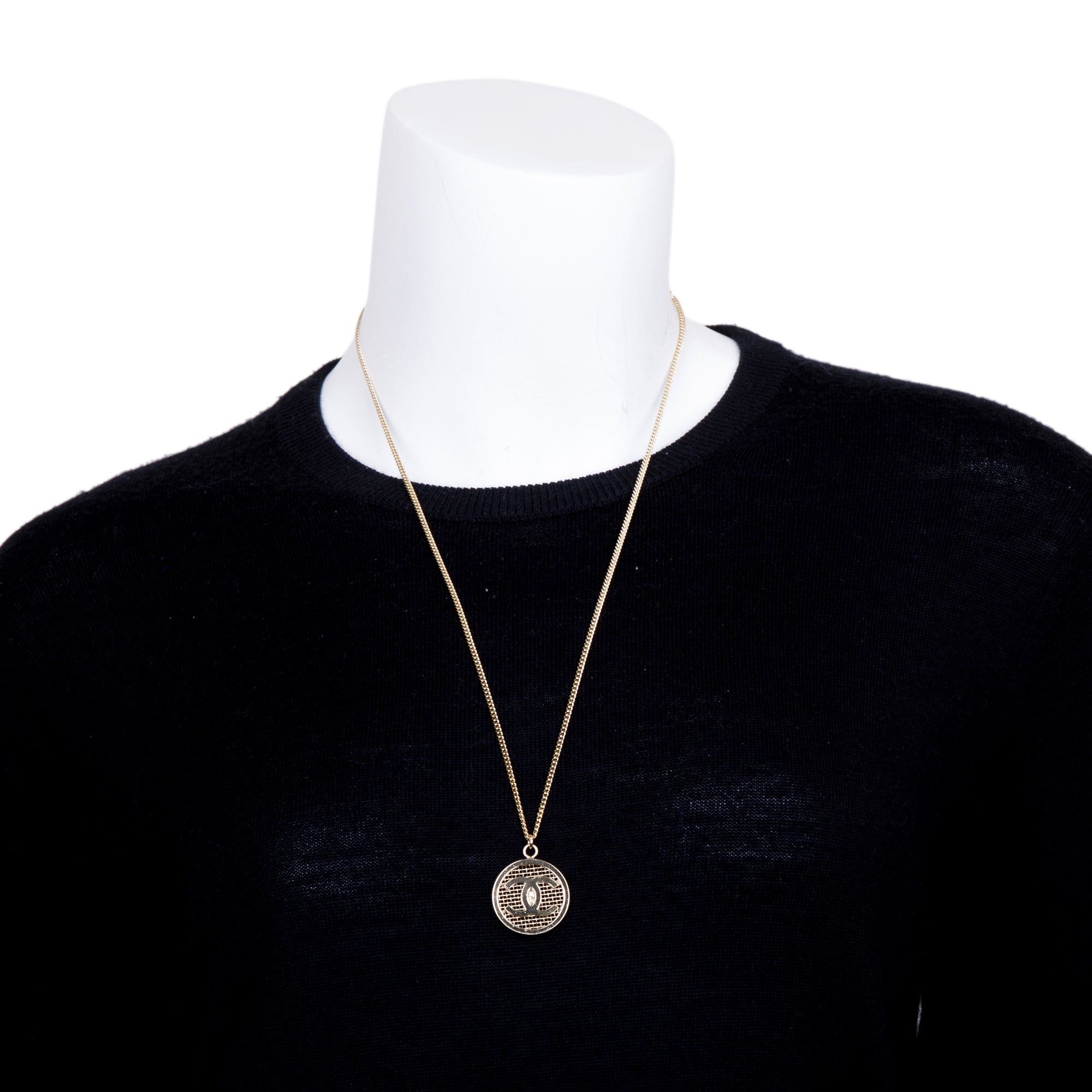 Chanel Gold-Plated Metal Round CC Coco Mesh Pendant Necklace
