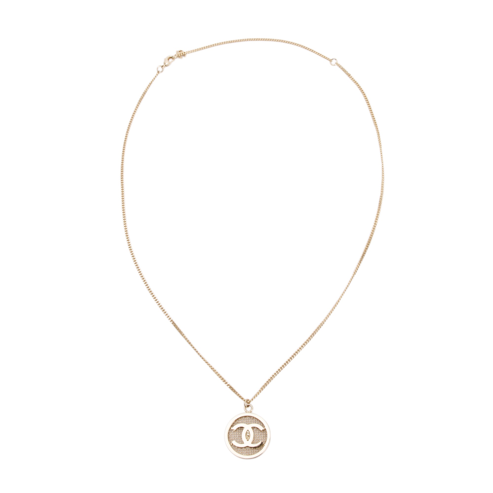 Chanel Gold-Plated Metal Round CC Coco Mesh Pendant Necklace