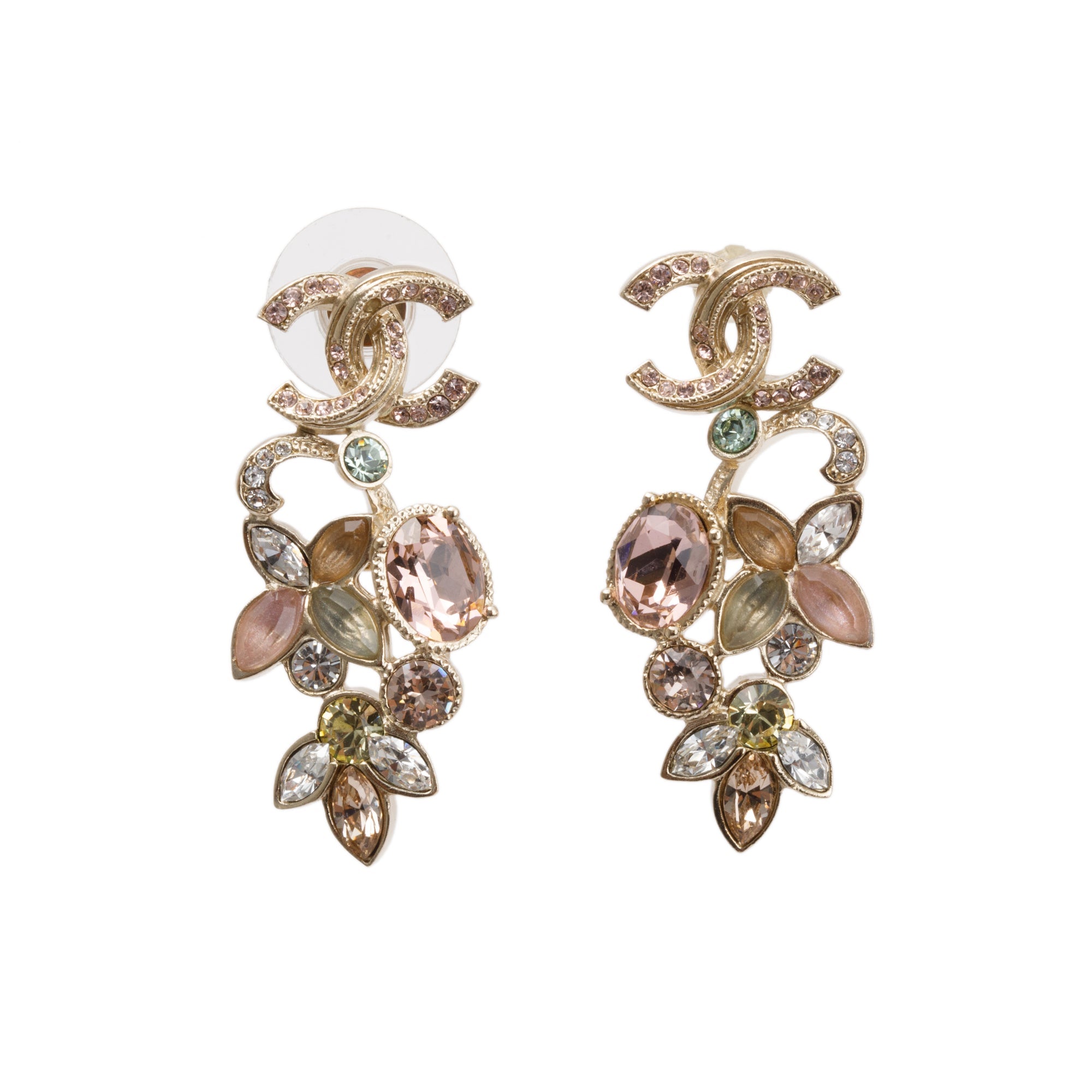 Chanel Gold Plated Multicolour Strass CC Drop Earrings w/ Box