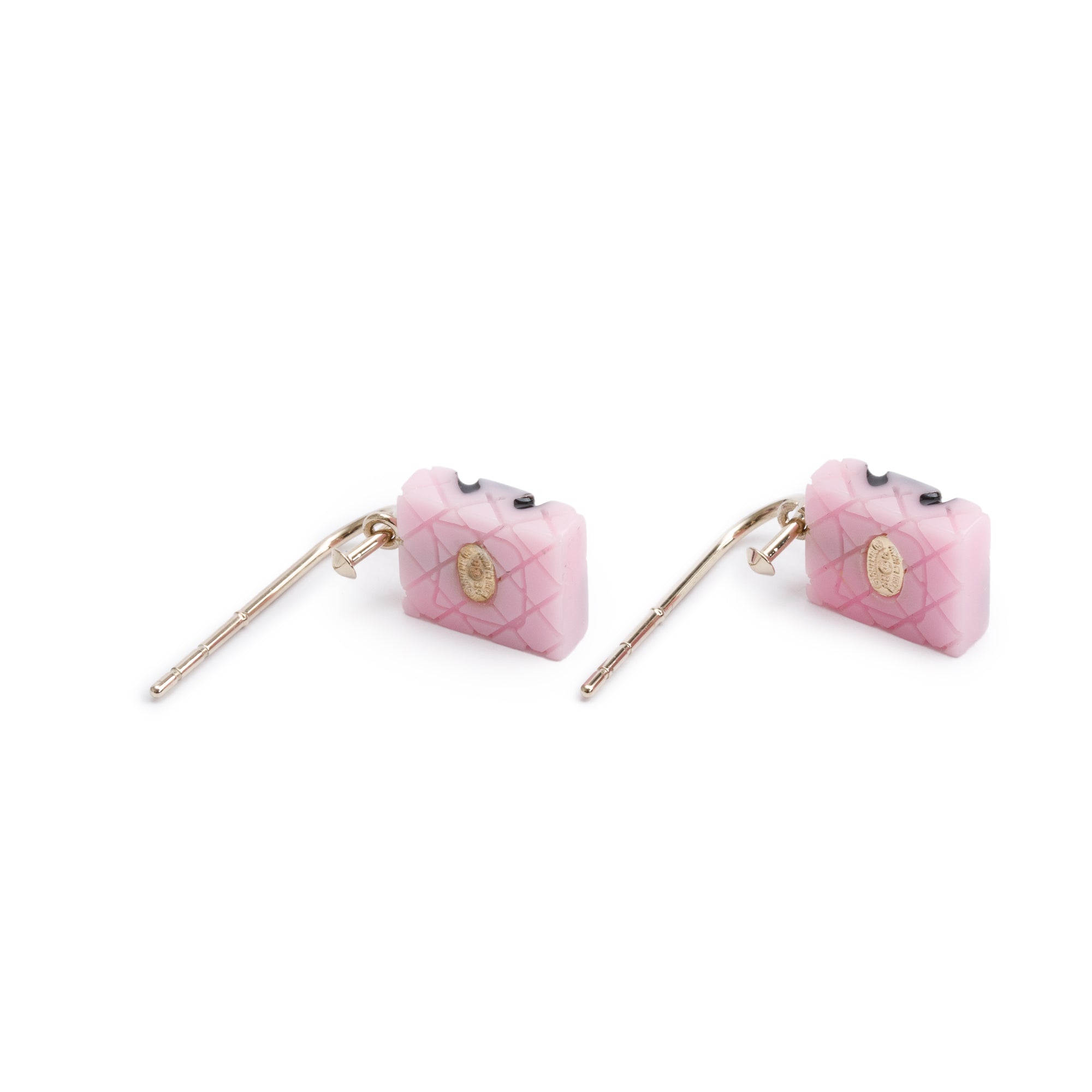 Chanel Gold Plated Pink & Black Resin Cambon Drop Earrings