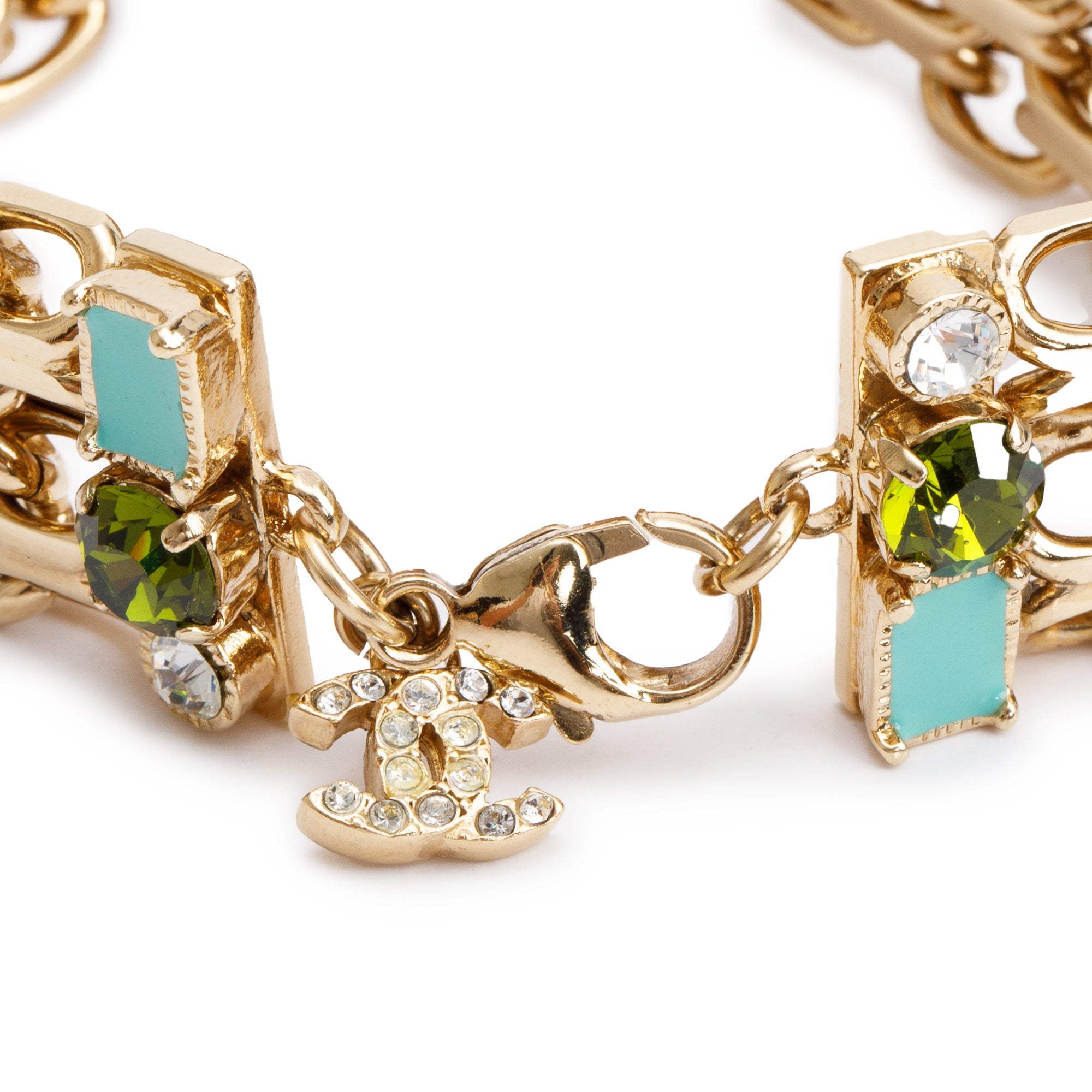 Chanel Gold Plated Resin, Enamel, Faux Pearl & Crystal Cluster Reissue Chain Bracelet