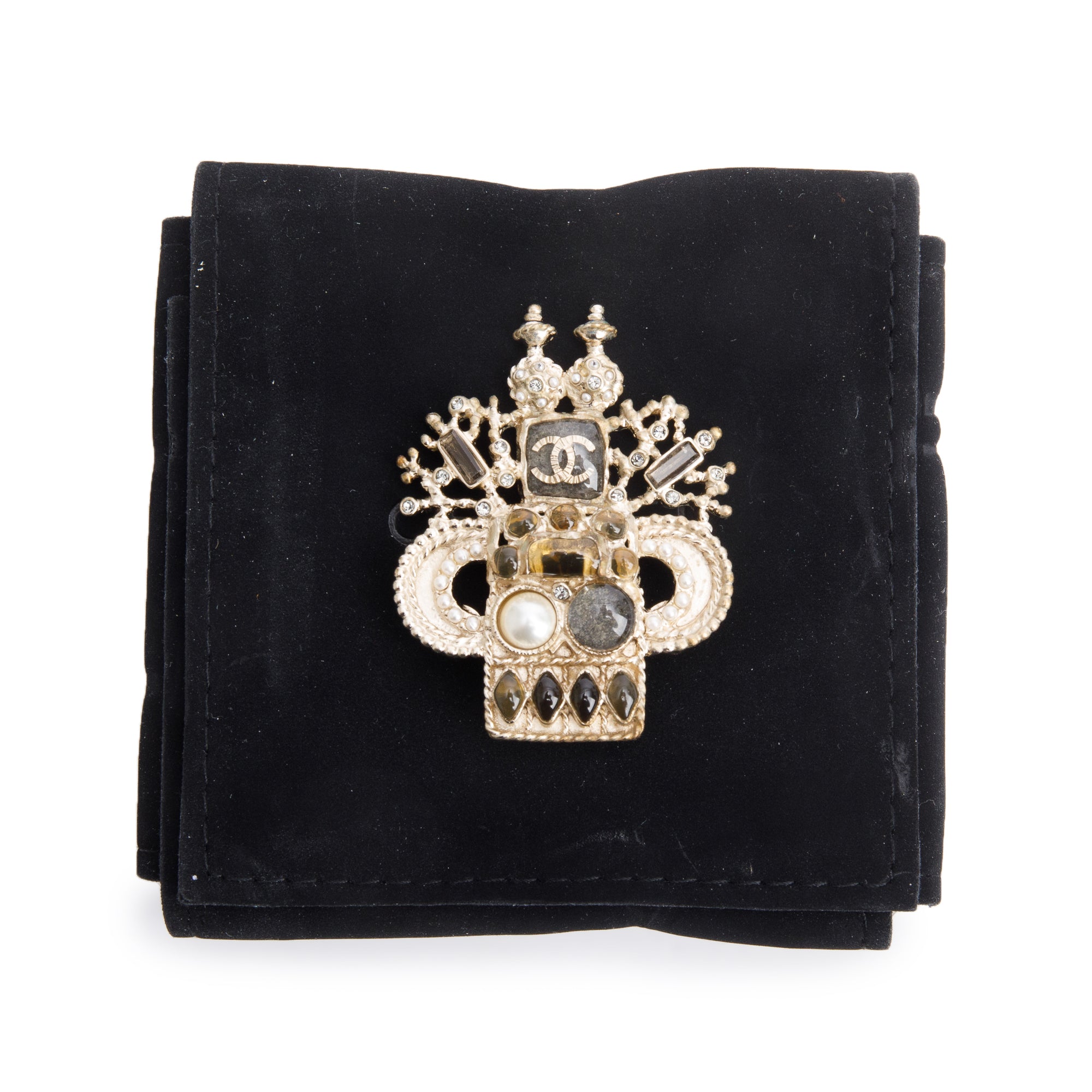 Chanel Gold Plated Resin, Faux Pearl & Strass CC Brooch