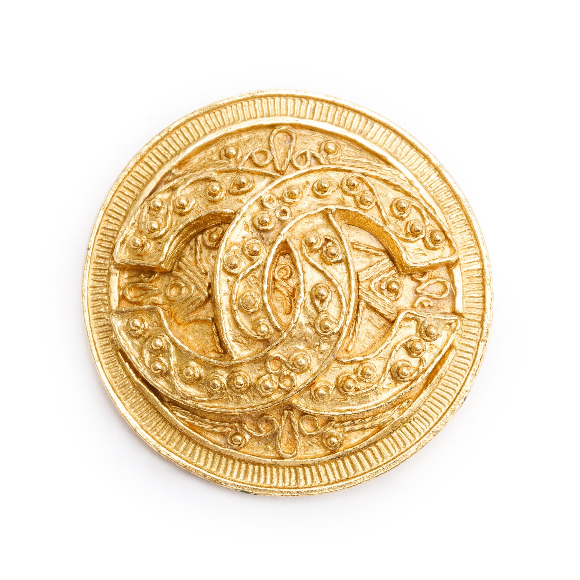 Chanel Gold Plated Round Coco Mark CC Brooch