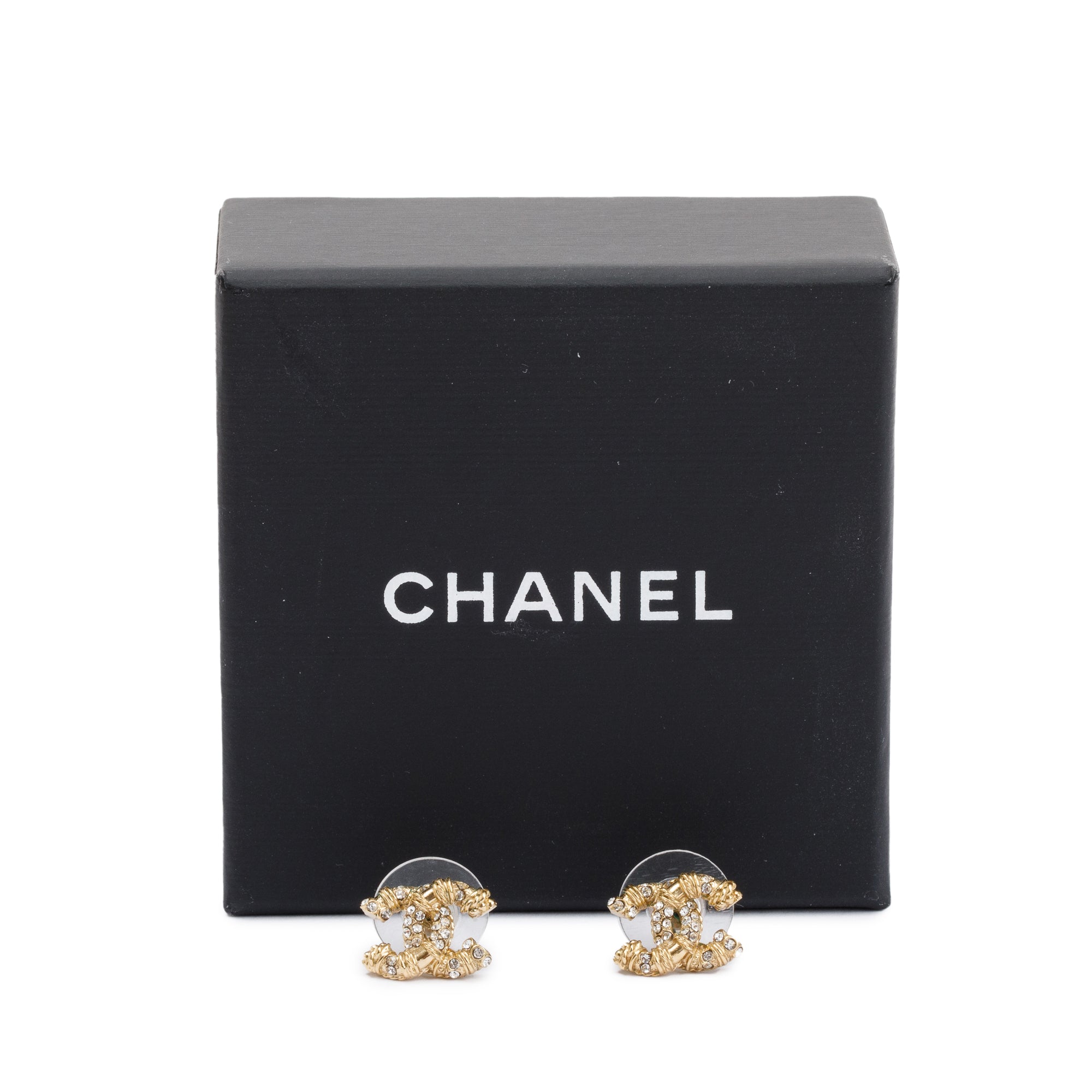 Chanel Gold Plated Strass CC Stud Earrings w/ Box