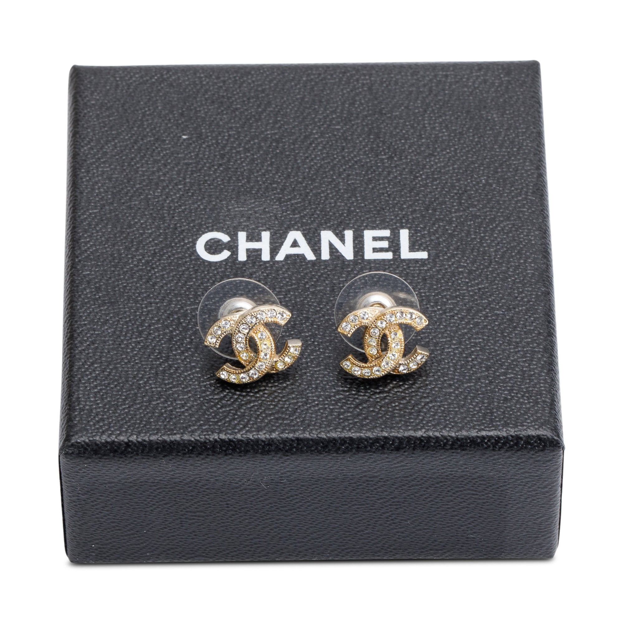 Chanel Gold Plated Strass CC Stud Earrings w/ Box