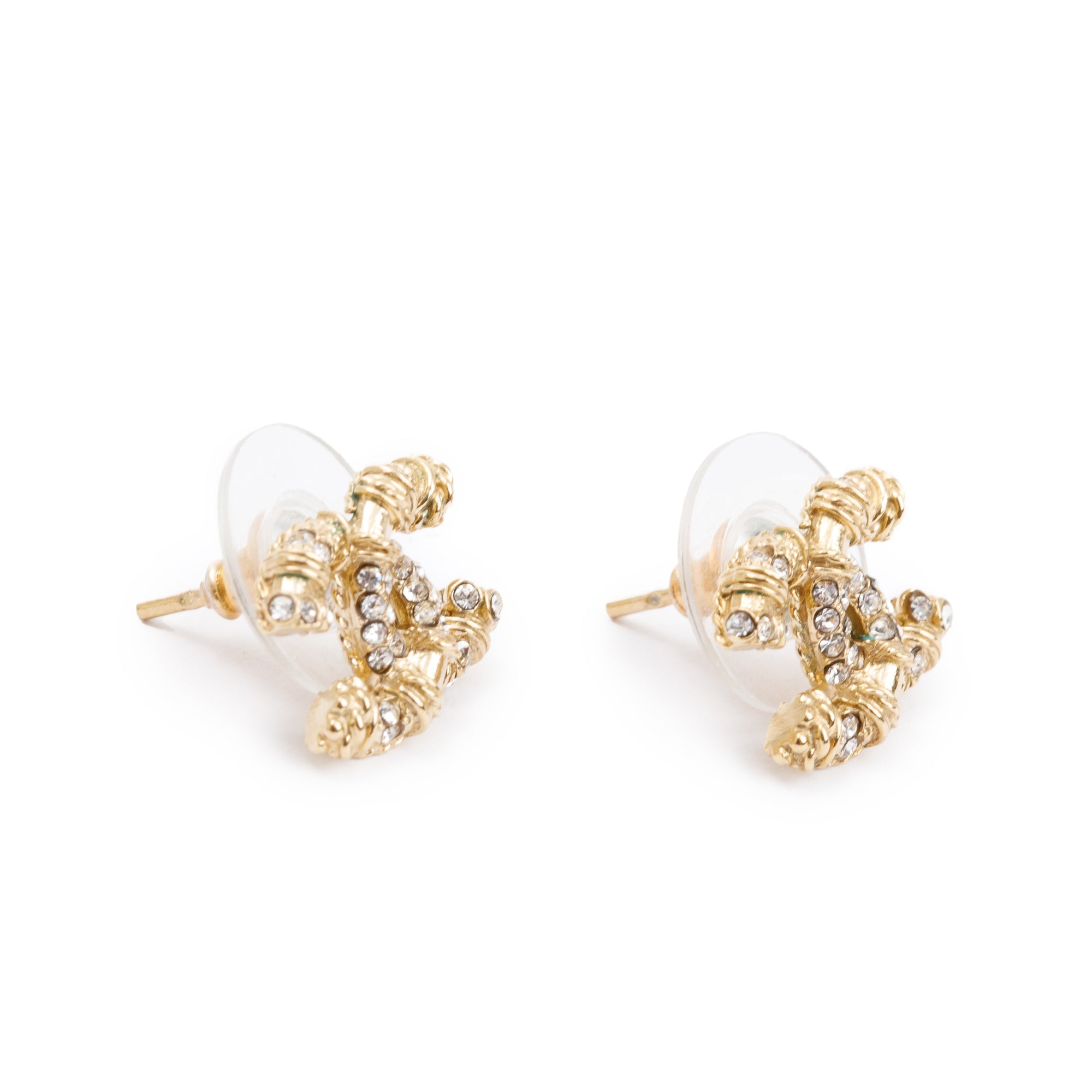 Chanel Gold Plated Strass CC Stud Earrings w/ Box