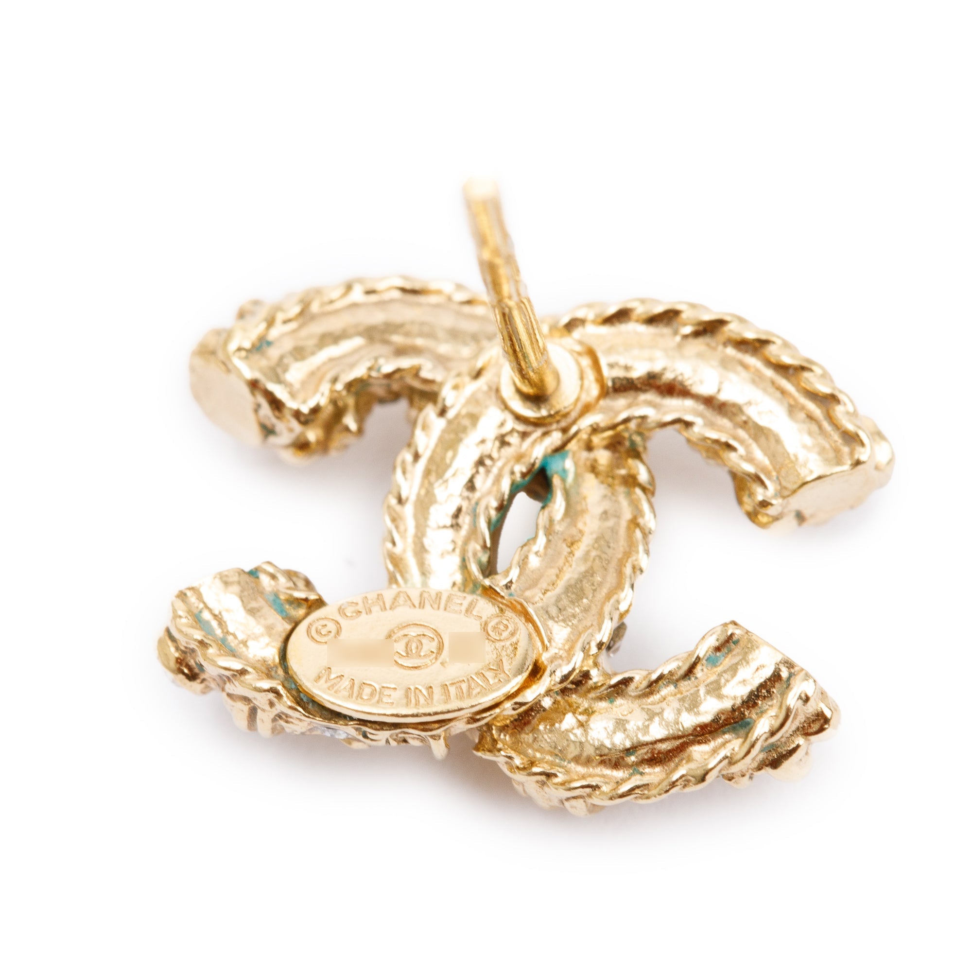 Chanel Gold Plated Strass CC Stud Earrings w/ Box
