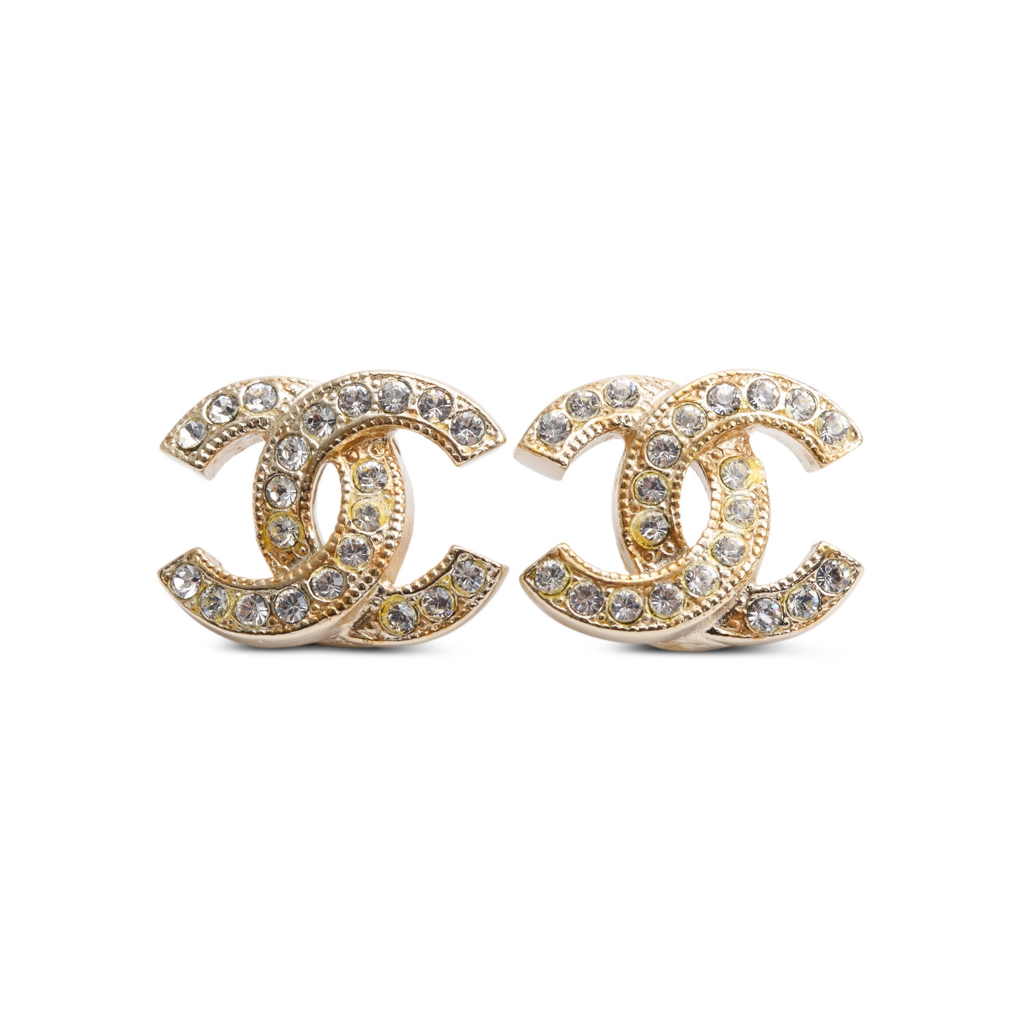 Chanel Gold Plated Strass CC Stud Earrings w/ Box