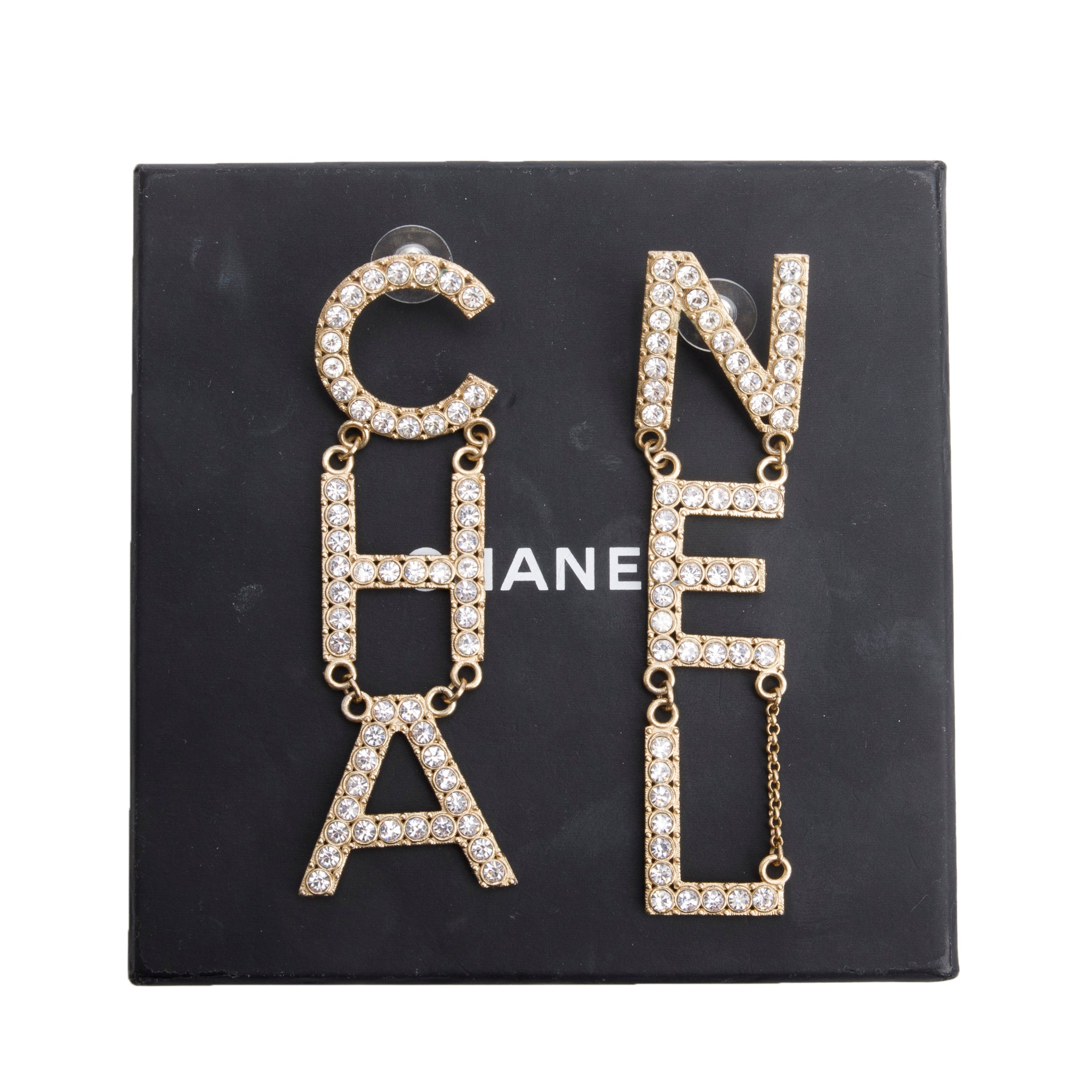 Chanel Gold Plated Strass 'CHA-NEL' Drop Earrings w/ Box