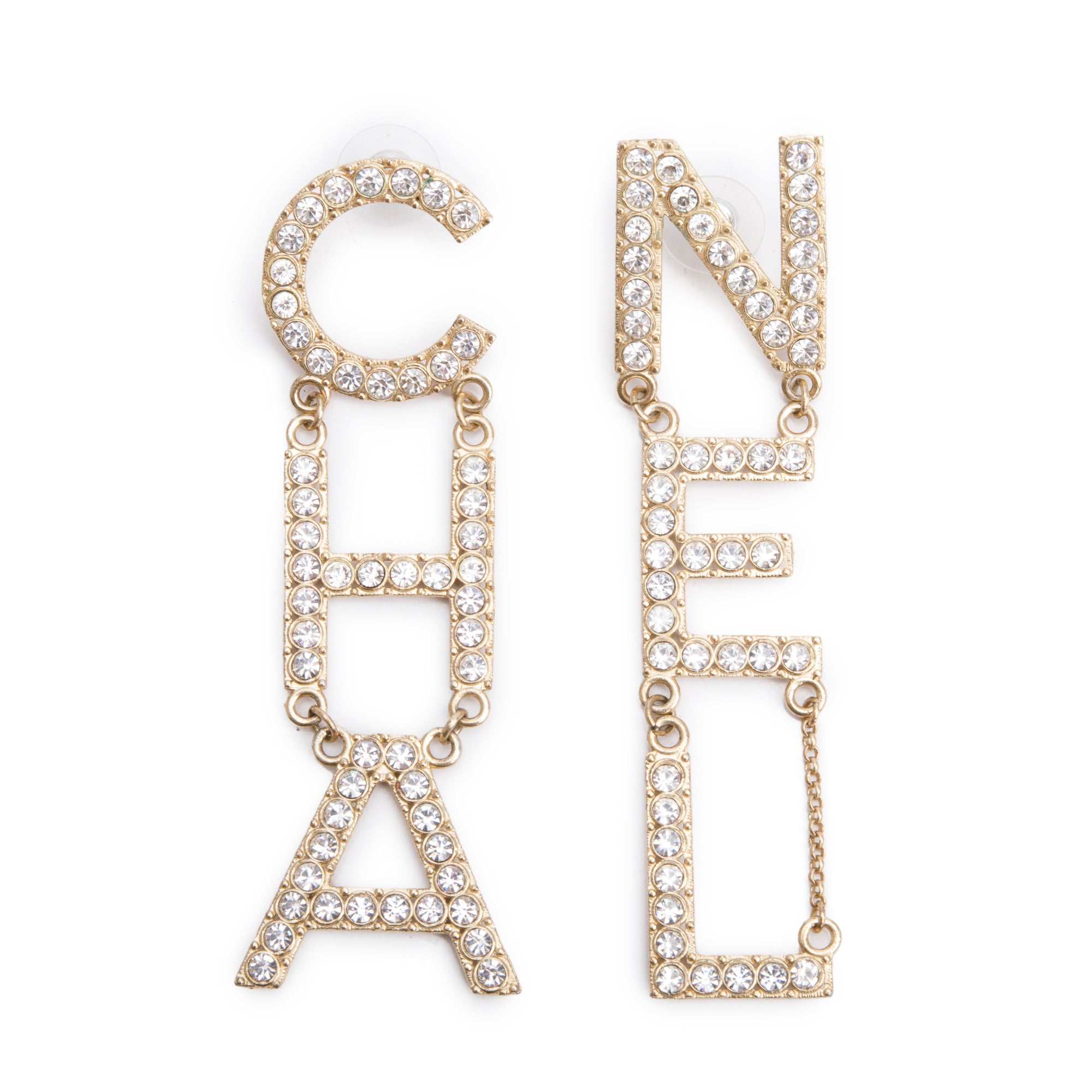 Chanel Gold Plated Strass 'CHA-NEL' Drop Earrings w/ Box