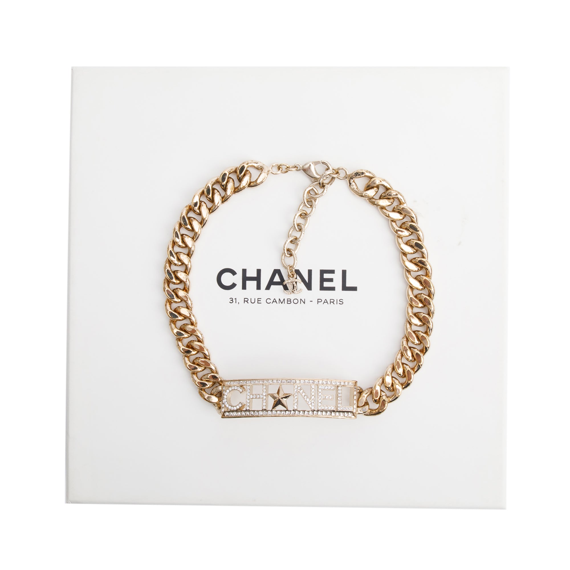 Chanel Gold Plated Strass 'CHANEL' Choker Necklace w/ Box
