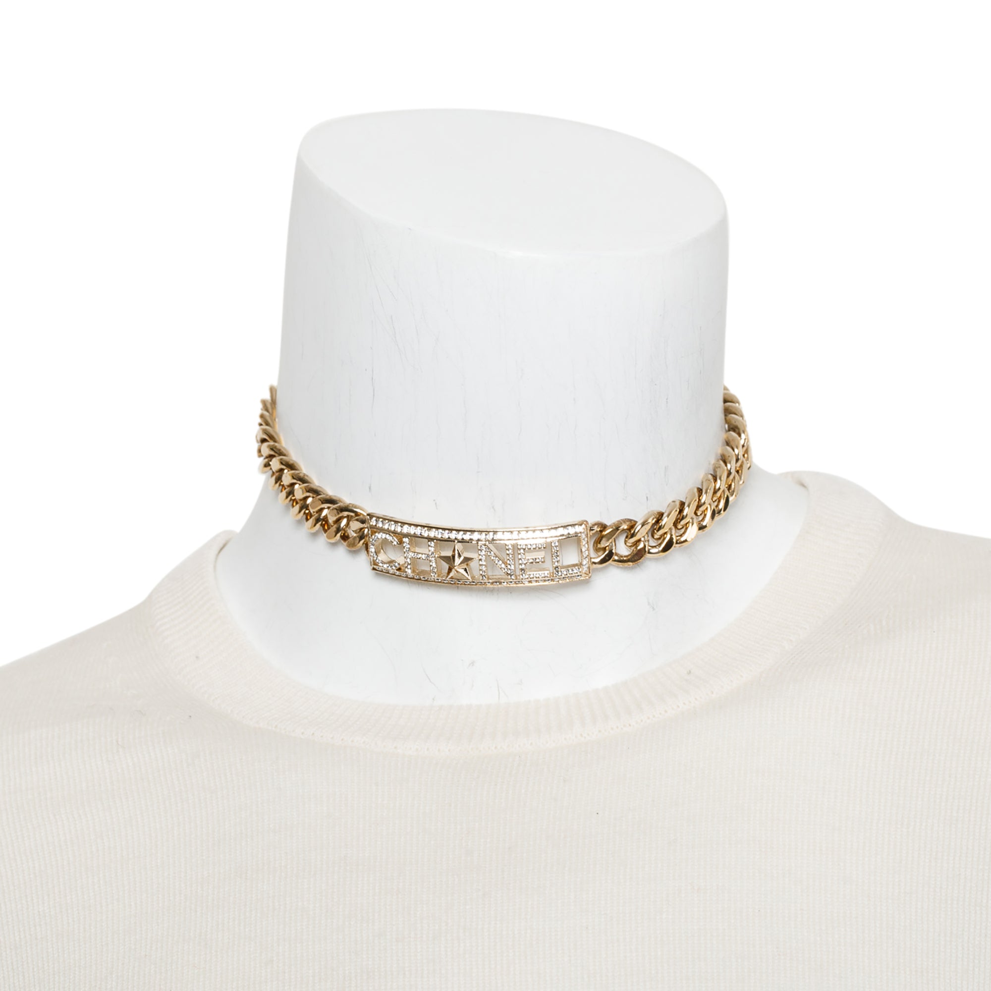 Chanel Gold Plated Strass 'CHANEL' Choker Necklace w/ Box