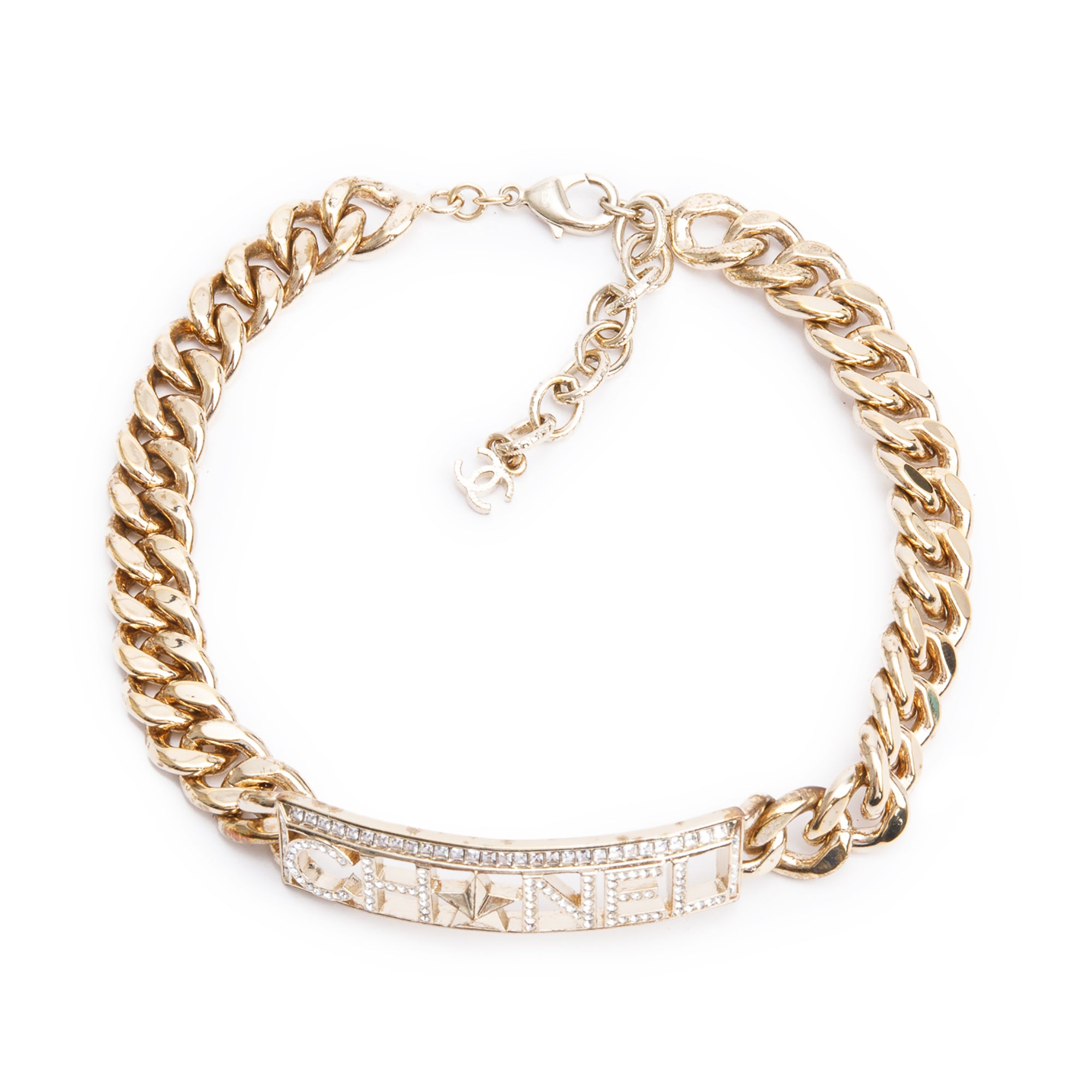 Chanel Gold Plated Strass 'CHANEL' Choker Necklace w/ Box