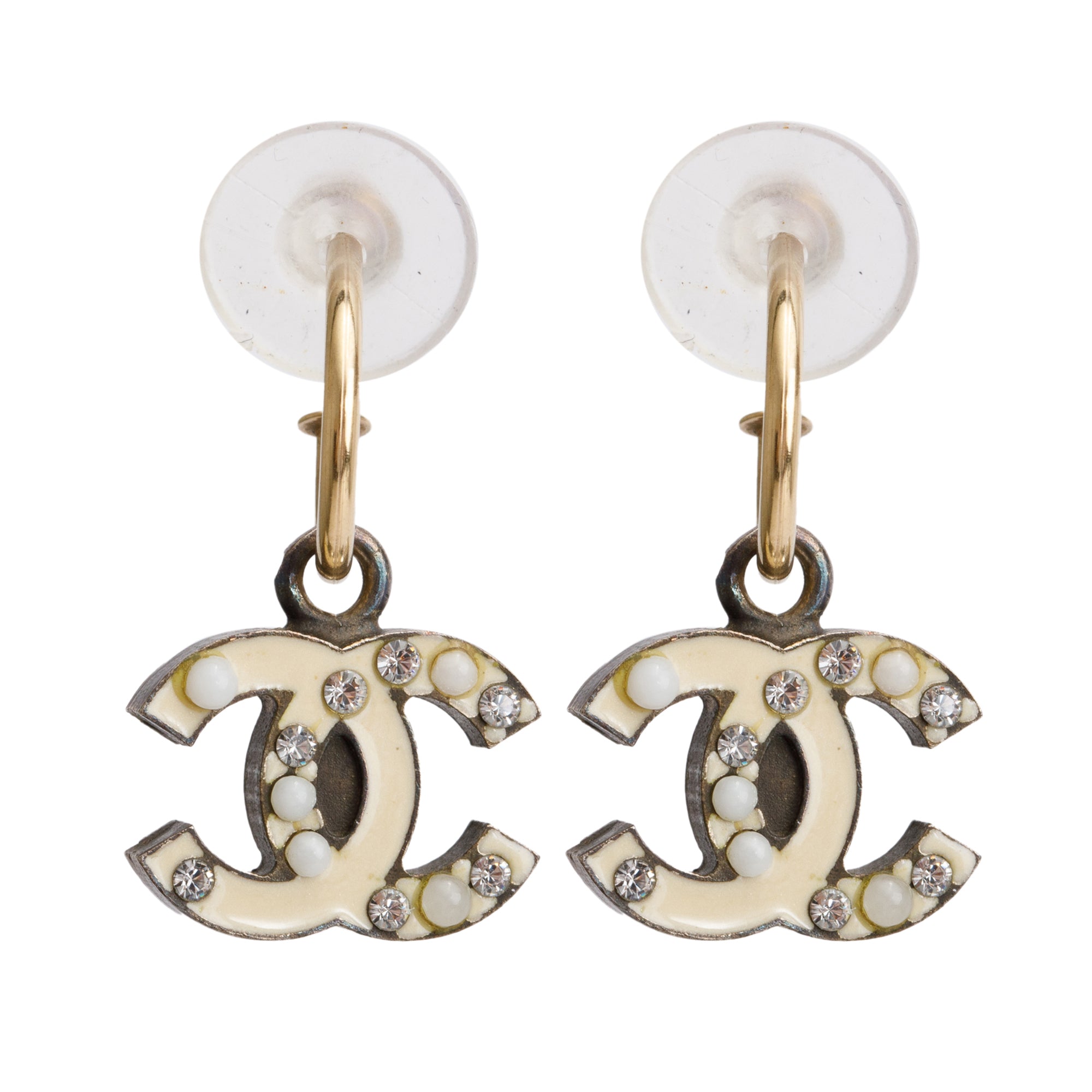 Chanel Gold Plated White Enamel Crystal CC Drop Earrings