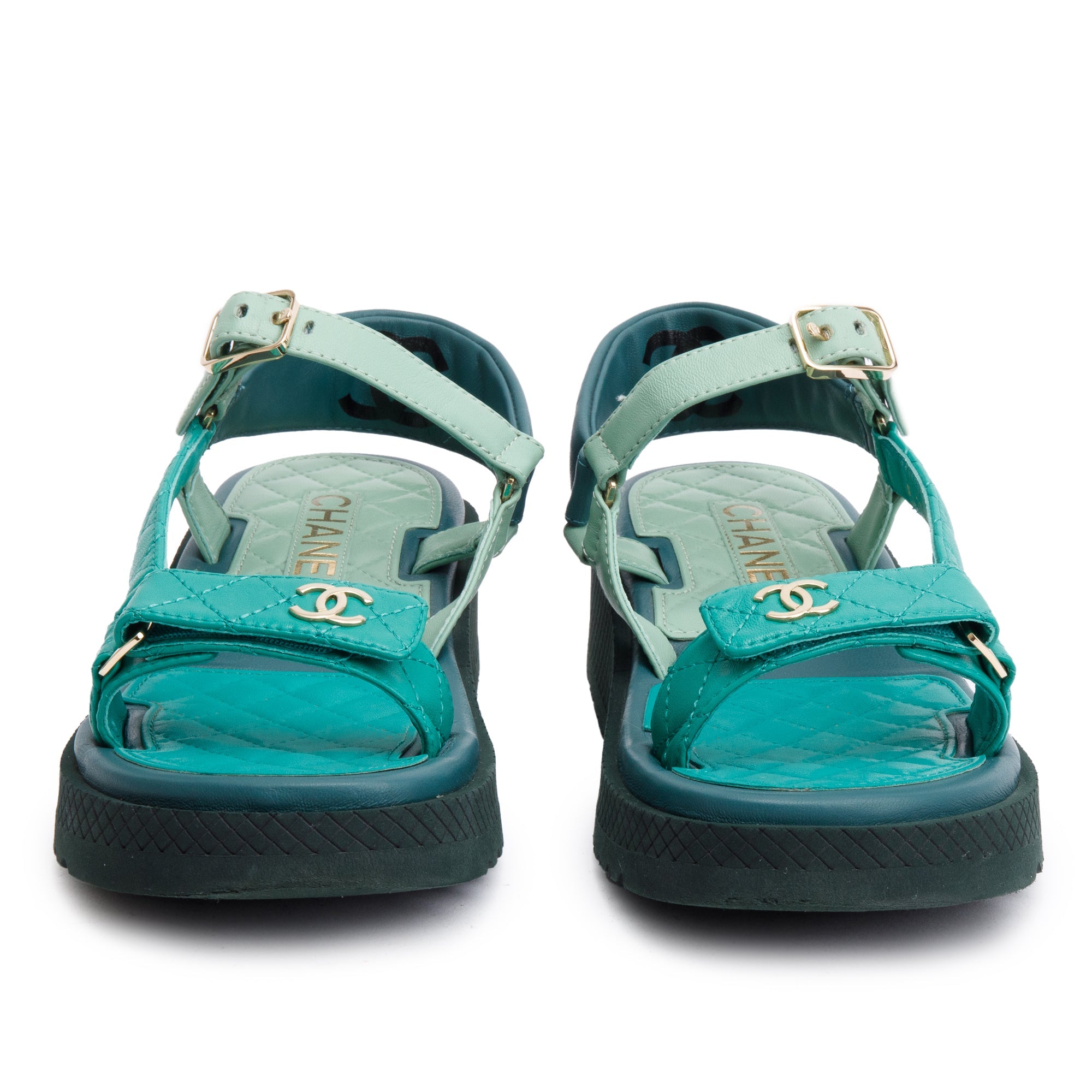 Chanel Green Lambskin Leather Dad Interlocking CC Logo Sandals, Size 37.5 w/ Box