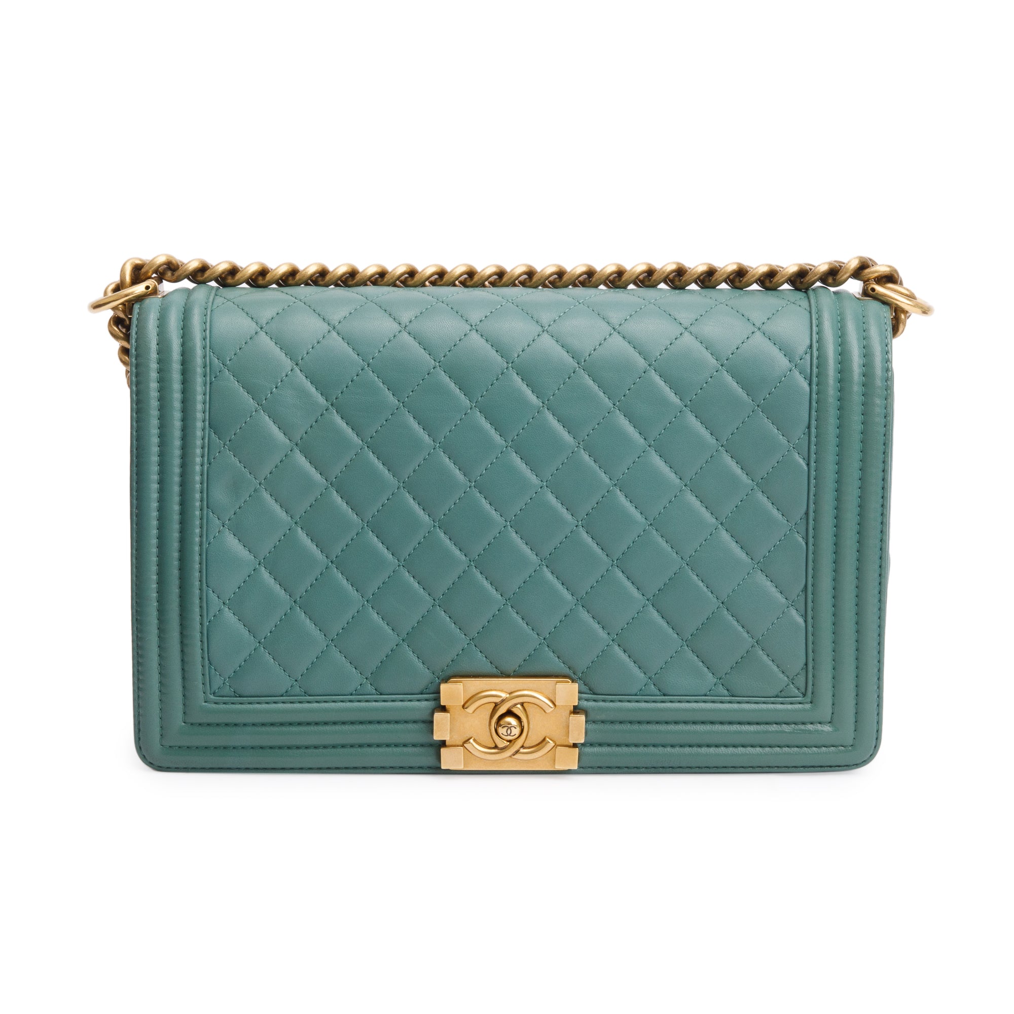 Chanel Green Quilted Lambskin Leather Large Boy Bag