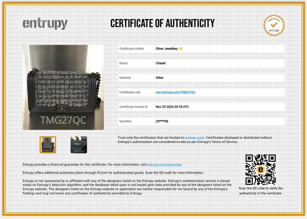 Chanel Grey Calfskin Leather Braided Tweed Old Medium Boy Bag w/ Authenticity Card