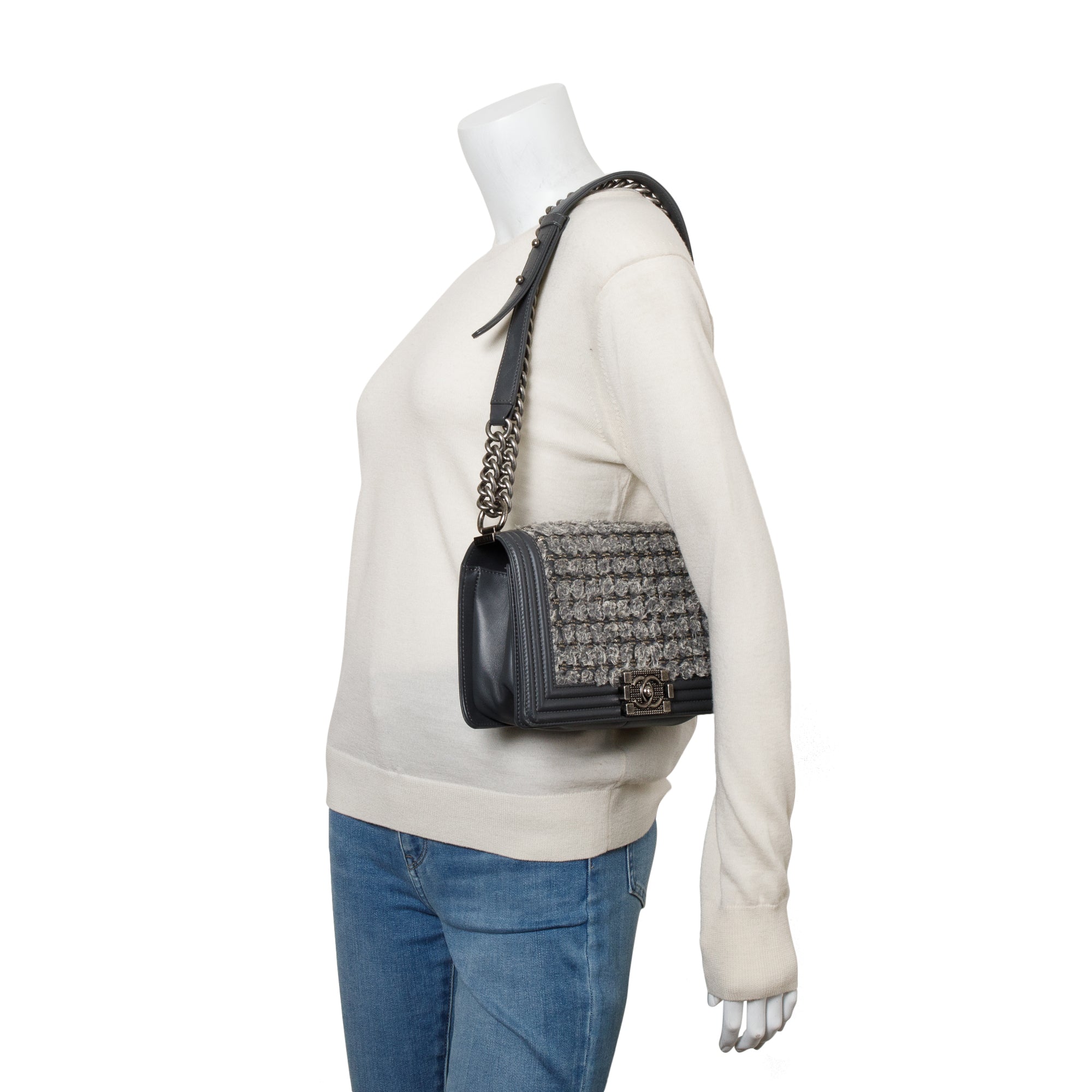 Chanel Grey Calfskin Leather Braided Tweed Old Medium Boy Bag w/ Authenticity Card