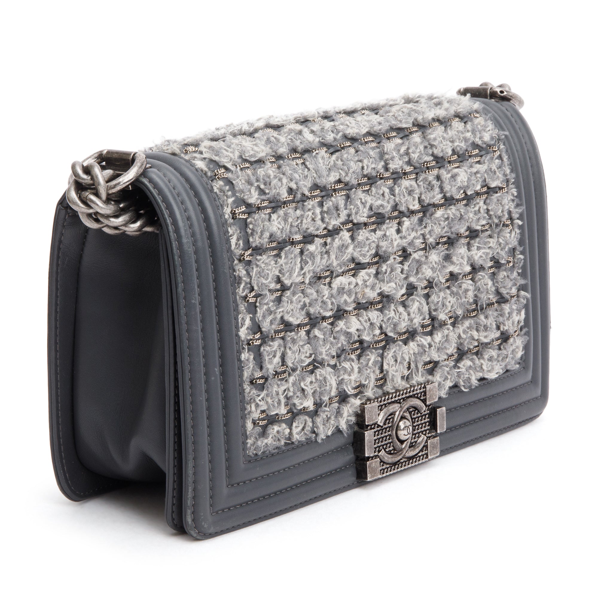 Chanel Grey Calfskin Leather Braided Tweed Old Medium Boy Bag w/ Authenticity Card