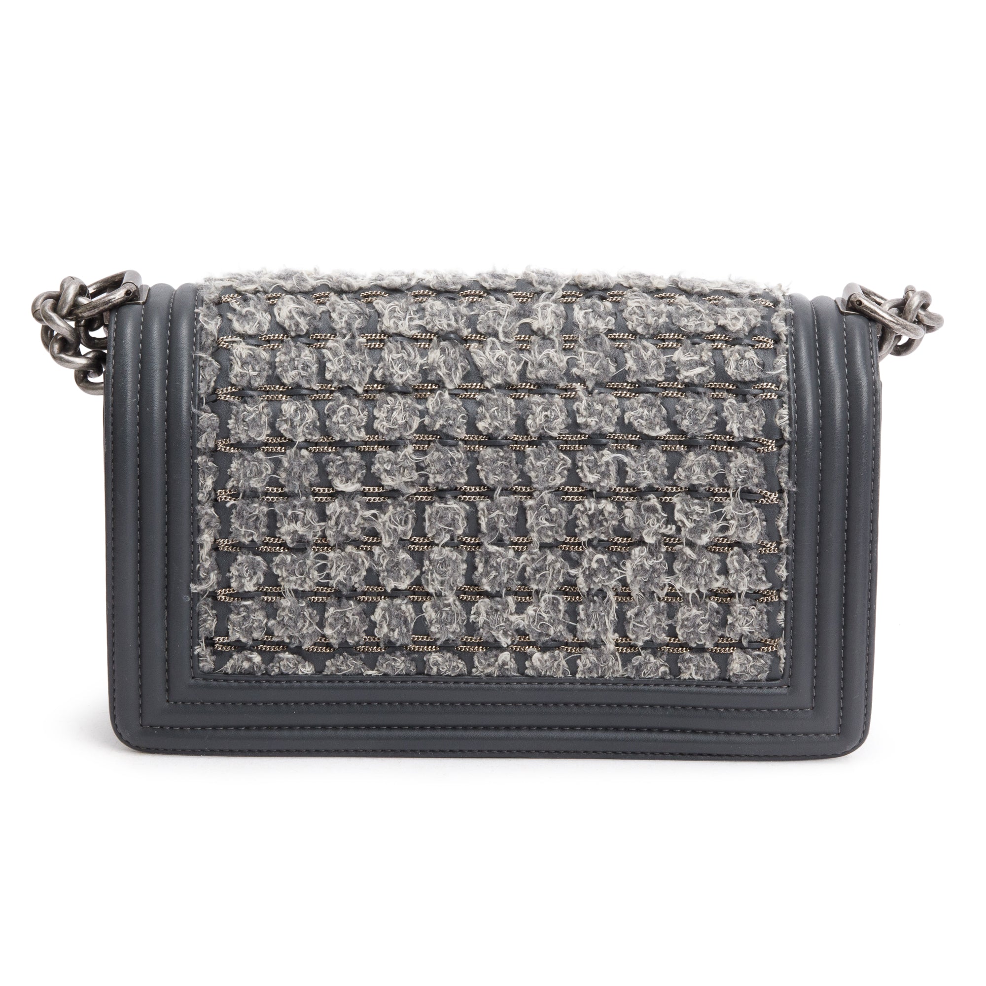 Chanel Grey Calfskin Leather Braided Tweed Old Medium Boy Bag w/ Authenticity Card