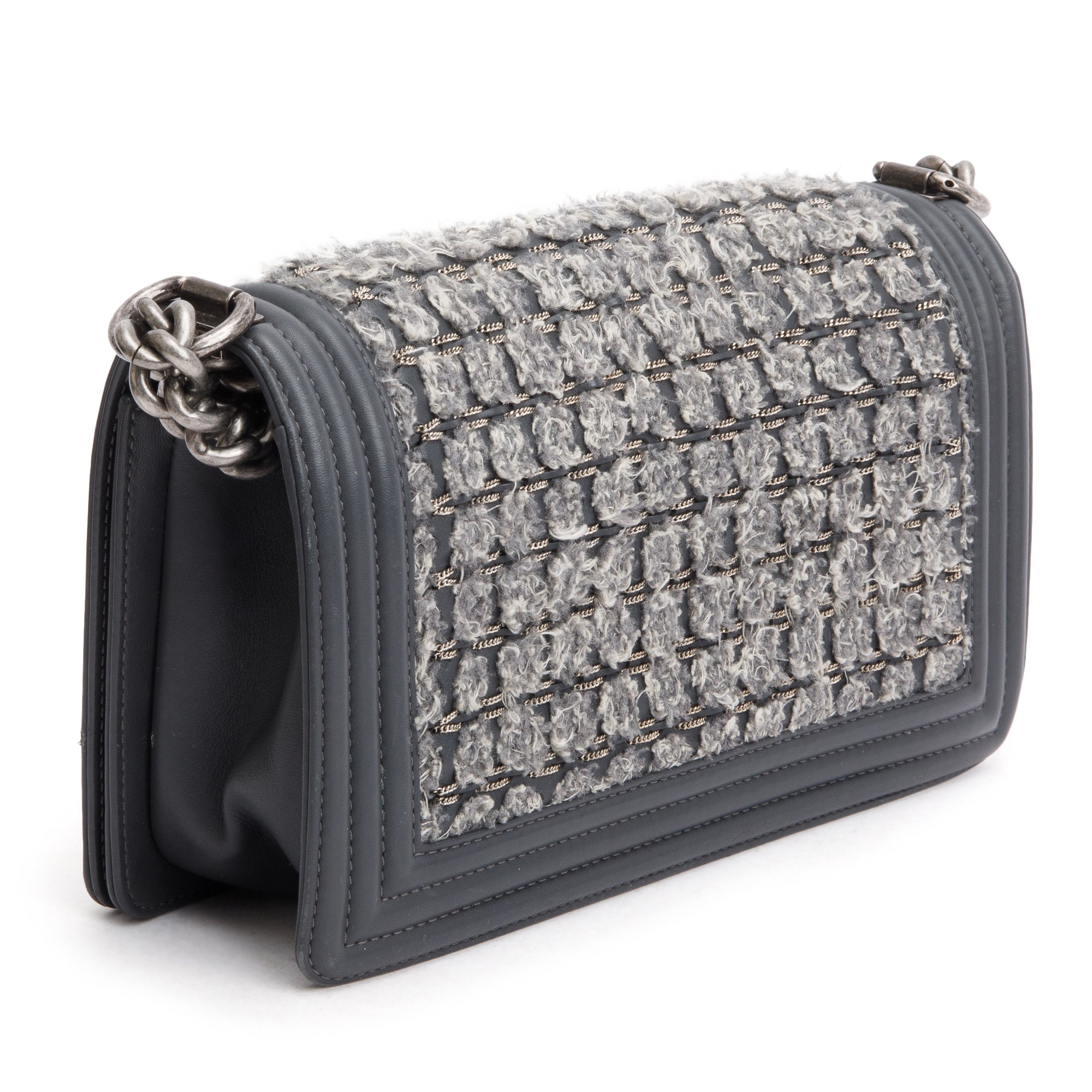 Chanel Grey Calfskin Leather Braided Tweed Old Medium Boy Bag w/ Authenticity Card