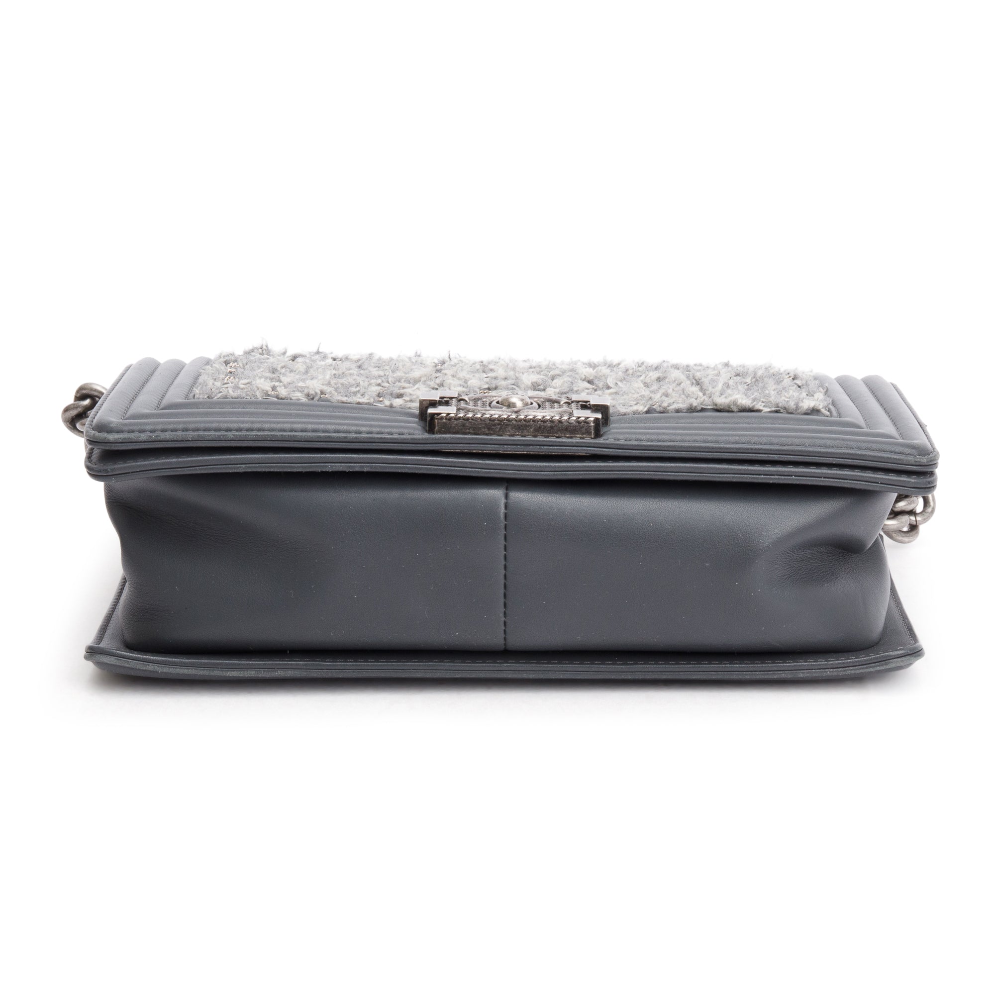 Chanel Grey Calfskin Leather Braided Tweed Old Medium Boy Bag w/ Authenticity Card