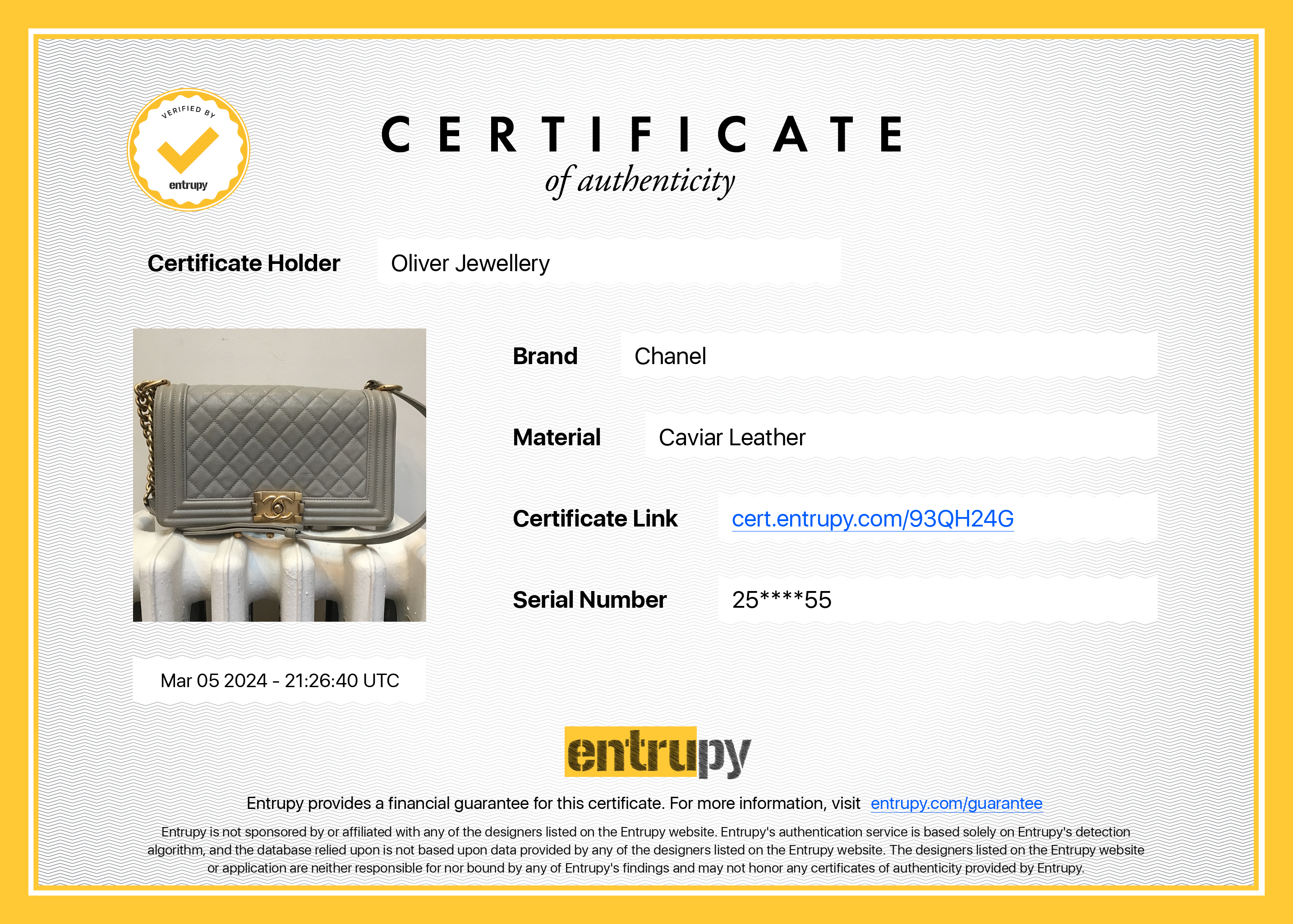 Chanel Grey Caviar Leather Medium Boy Bag w/ Box, Receipt & Authenticity Card