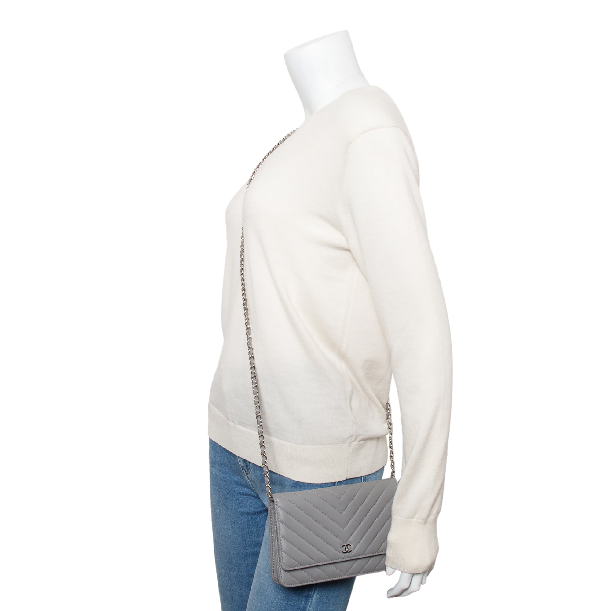 Chanel Grey Chevron Caviar Leather Classic Wallet on Chain w/ Box