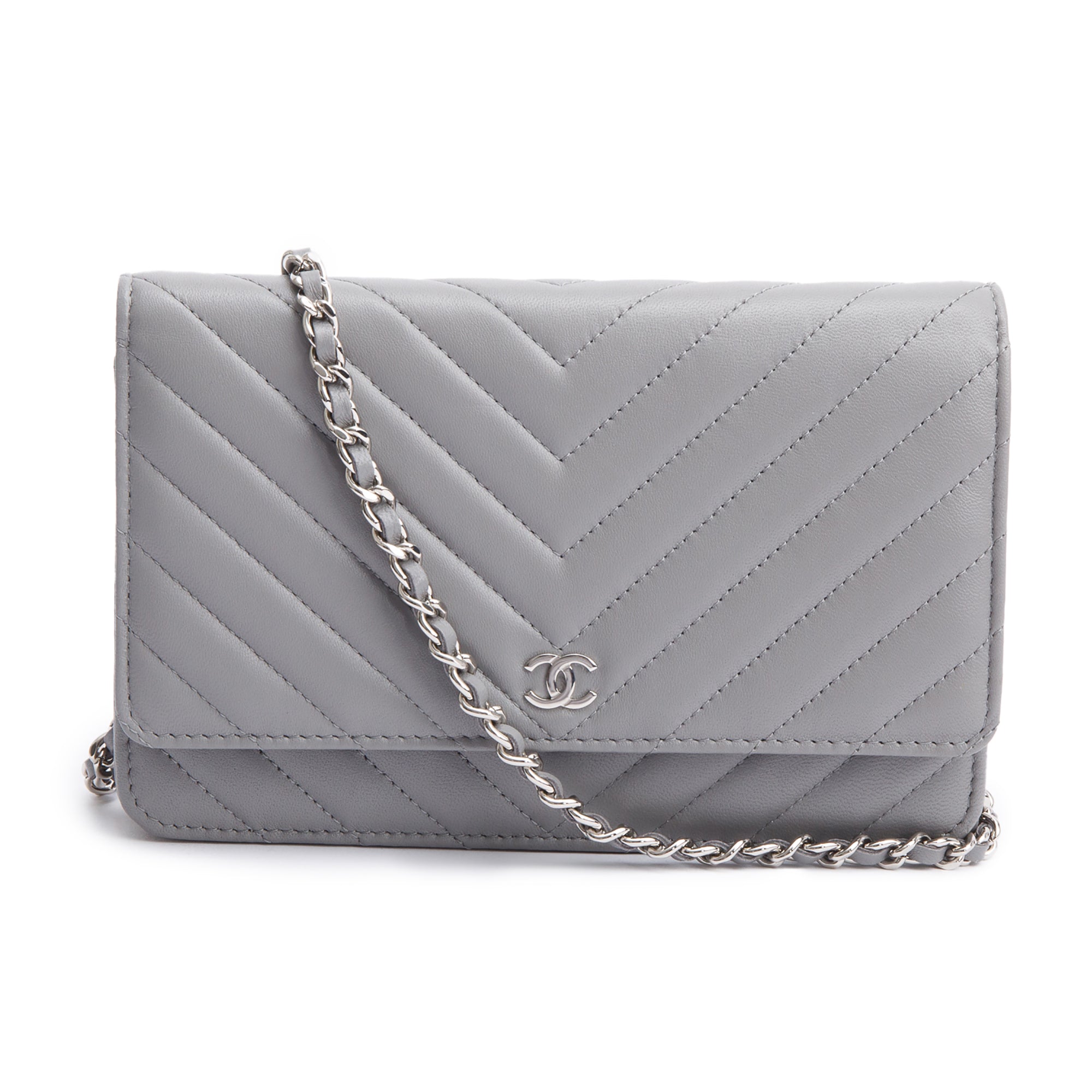 Chanel Grey Chevron Caviar Leather Classic Wallet on Chain w/ Box