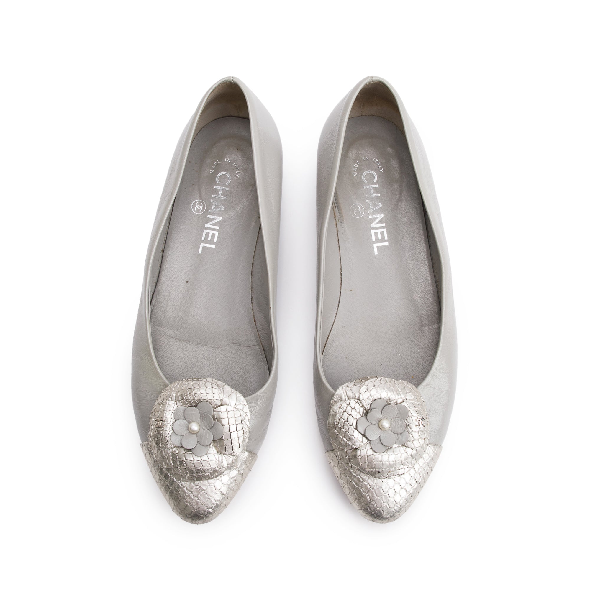 Chanel Grey Leather Silver Python Trim CC Camellia Flats, Size 38 w/ Box