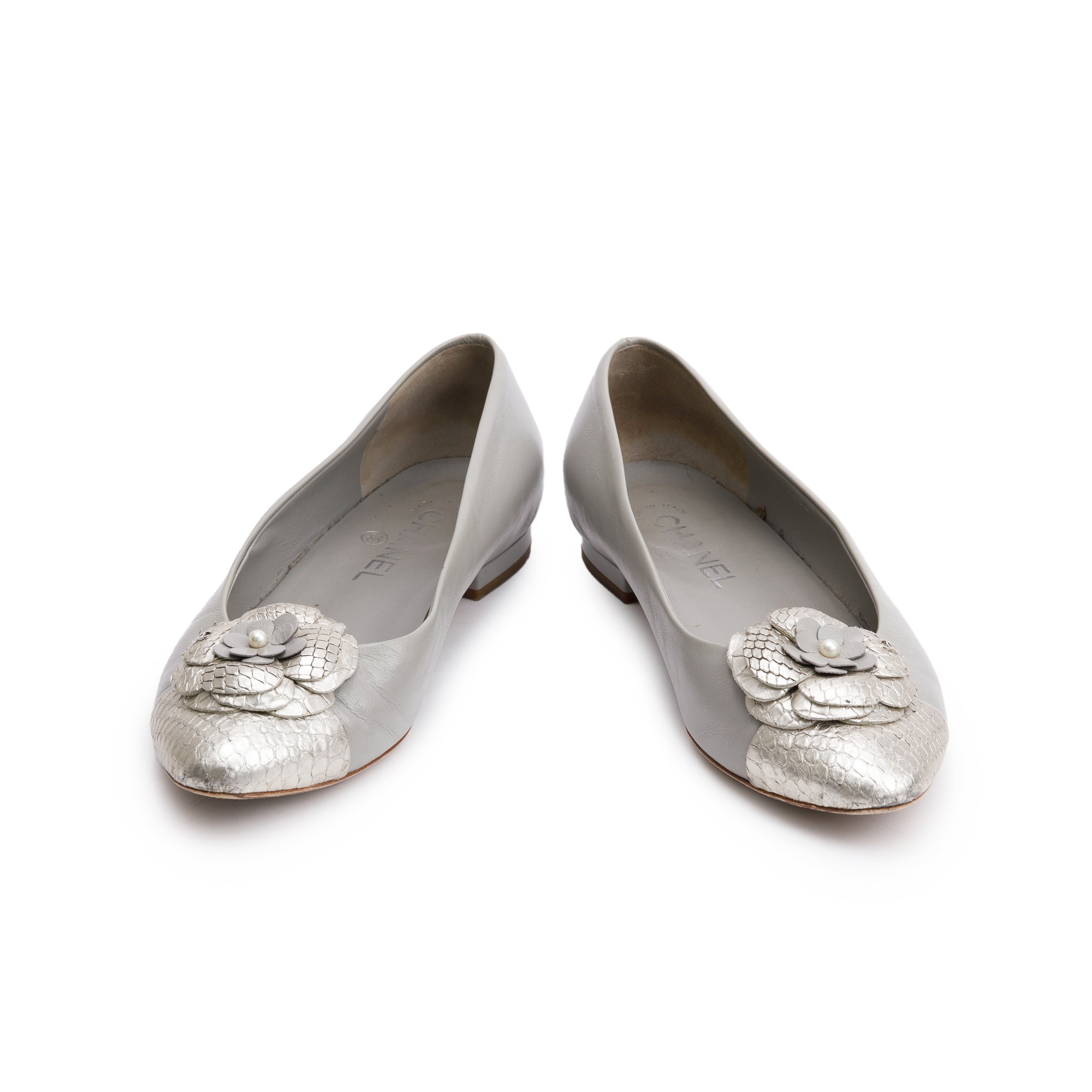 Chanel Grey Leather Silver Python Trim CC Camellia Flats, Size 38 w/ Box