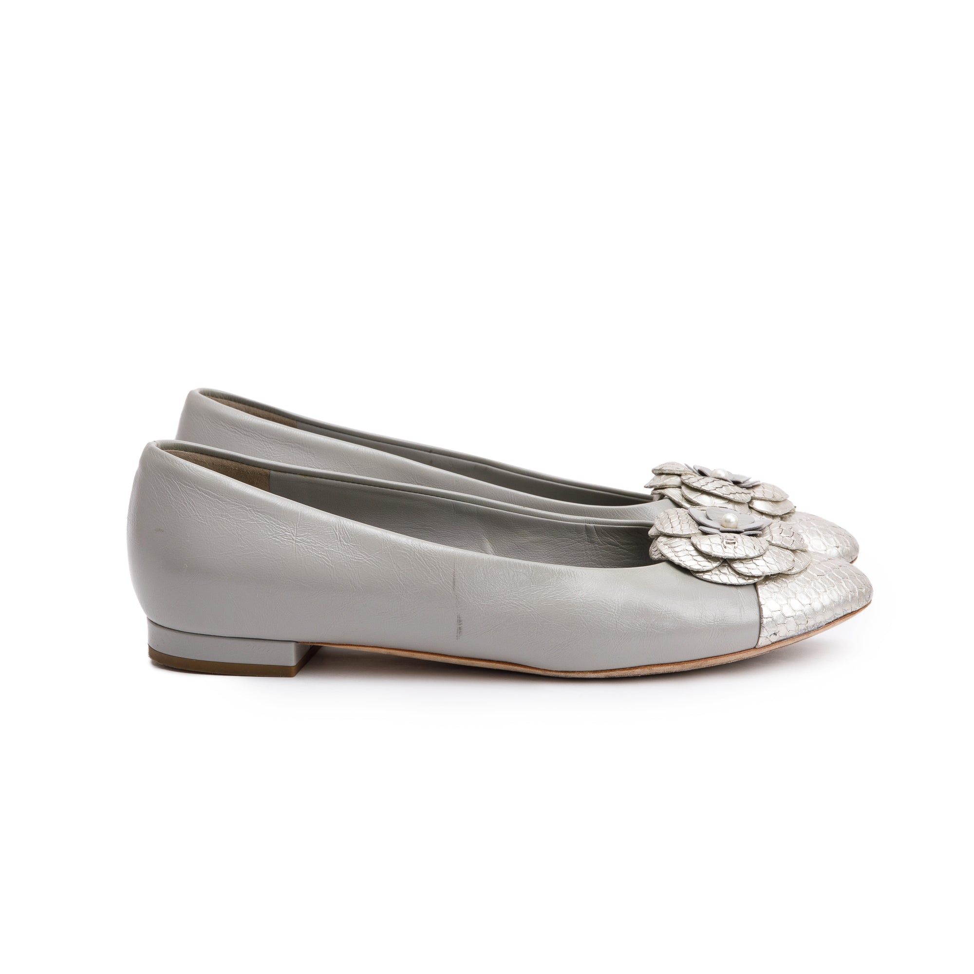 Chanel Grey Leather Silver Python Trim CC Camellia Flats, Size 38 w/ Box