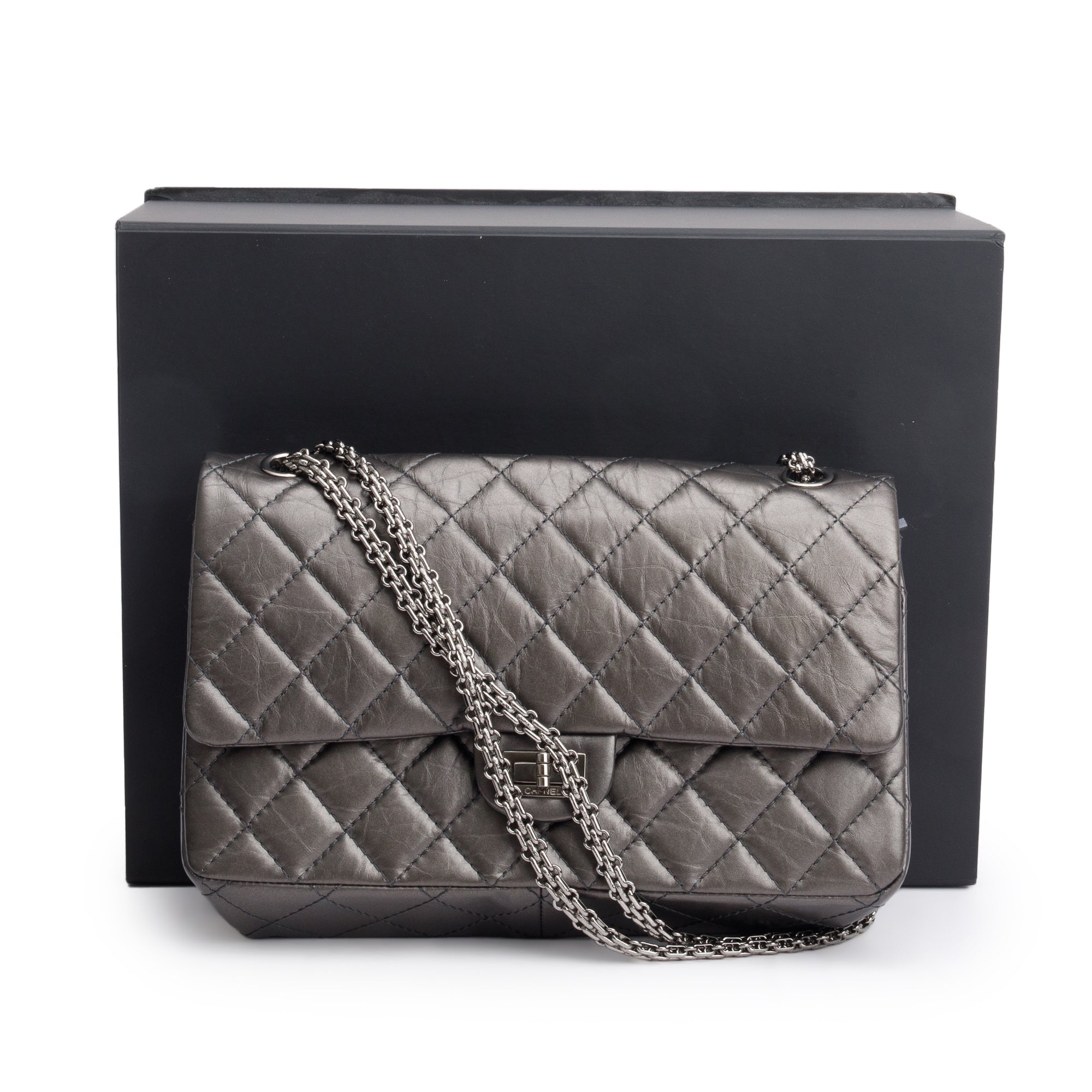 Chanel Grey Metallic Aged Calfskin Leather 2.55 Reissue 226 Double Flap Bag w/ Box