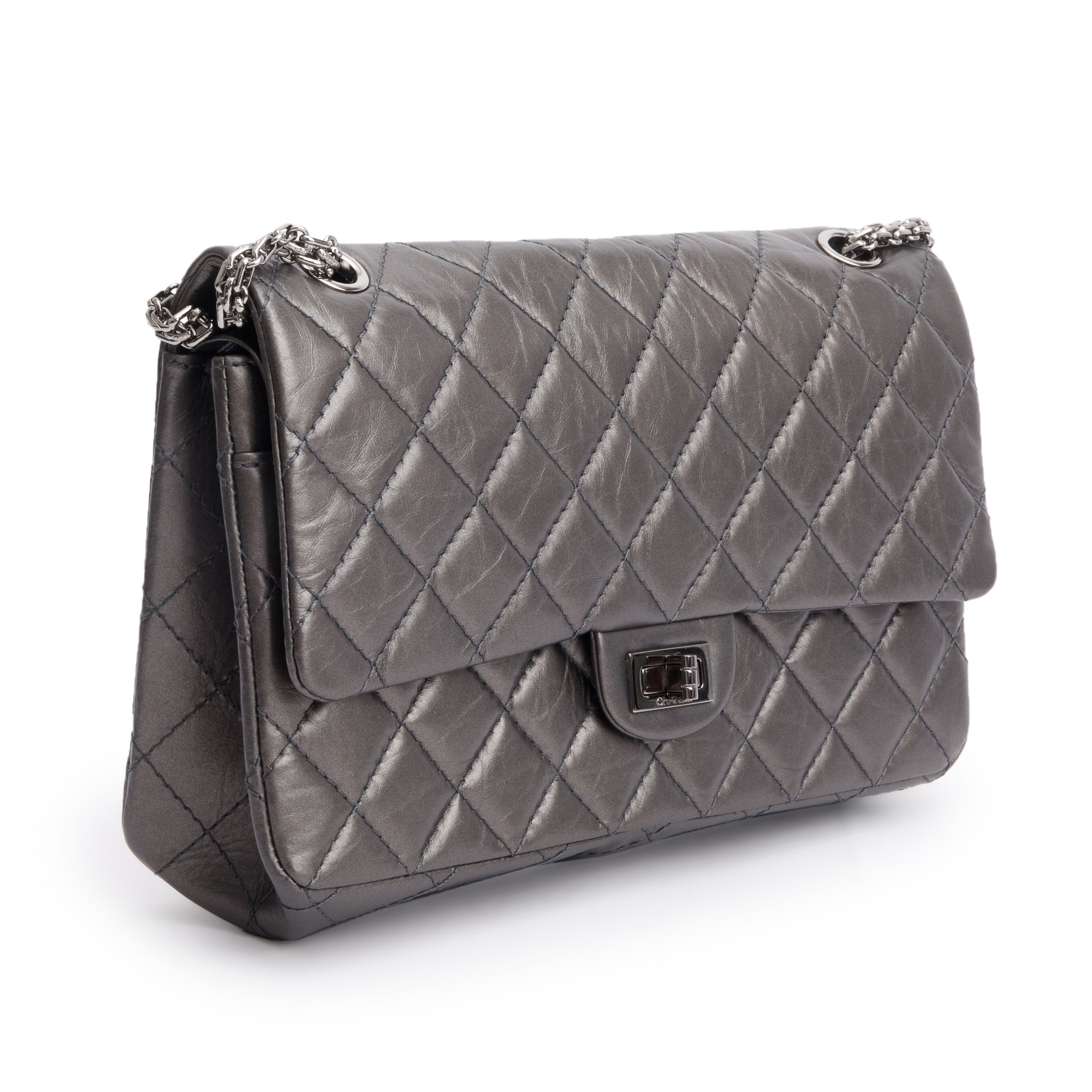 Chanel Grey Metallic Aged Calfskin Leather 2.55 Reissue 226 Double Flap Bag w/ Box