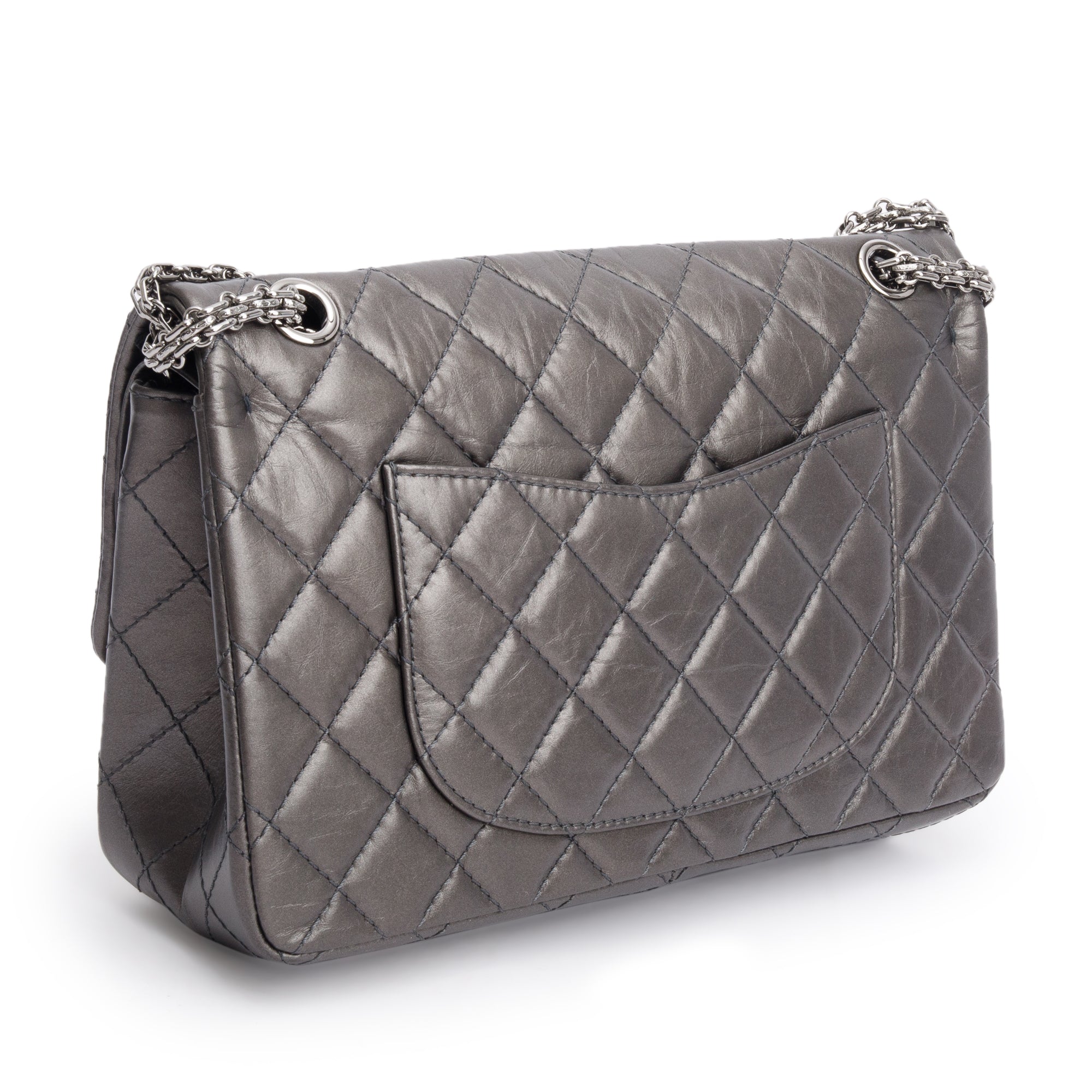 Chanel Grey Metallic Aged Calfskin Leather 2.55 Reissue 226 Double Flap Bag w/ Box