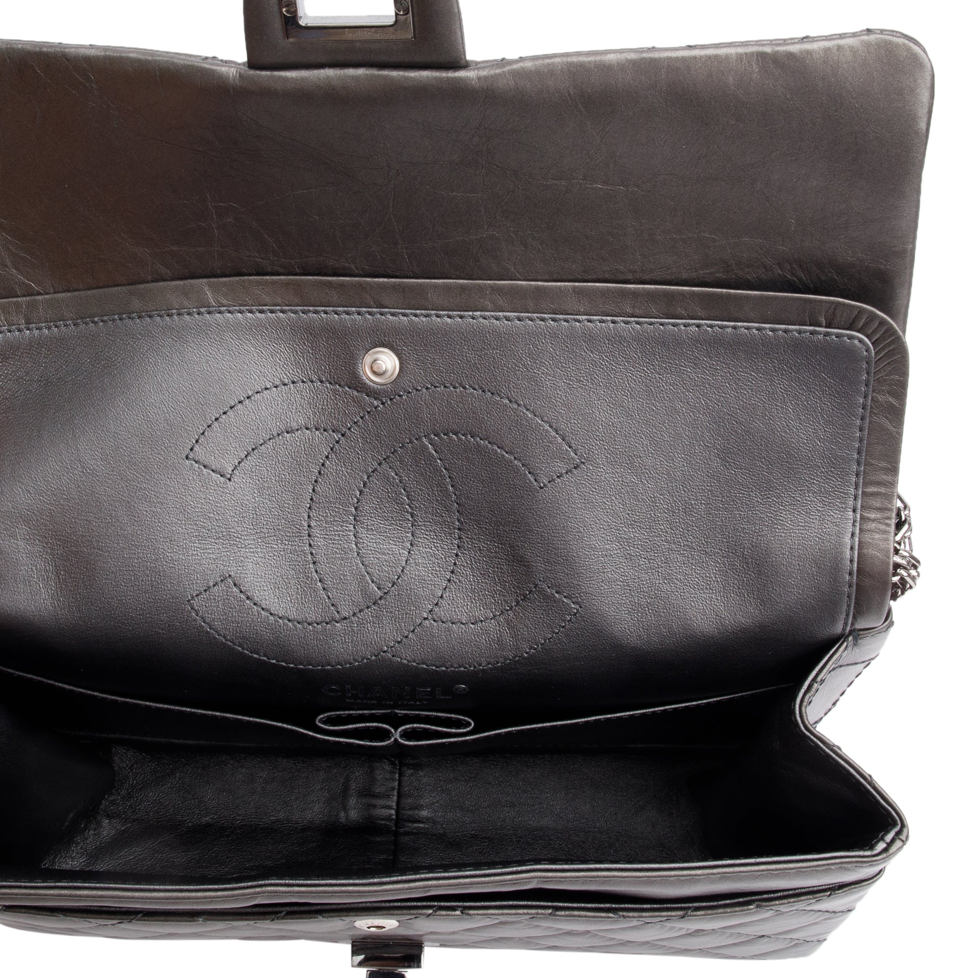 Chanel Grey Metallic Aged Calfskin Leather 2.55 Reissue 226 Double Flap Bag w/ Box