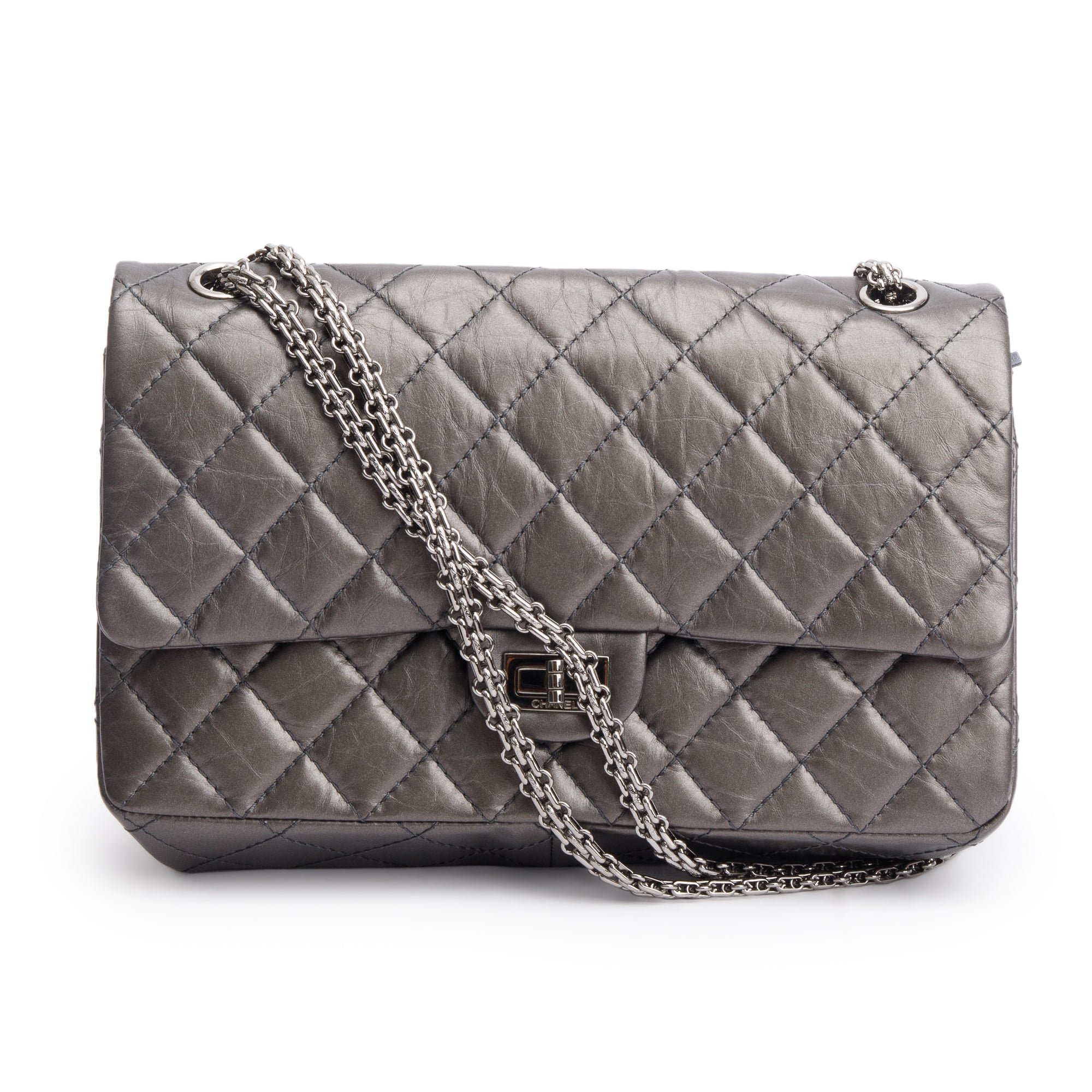 Chanel Grey Metallic Aged Calfskin Leather 2.55 Reissue 226 Double Flap Bag w/ Box