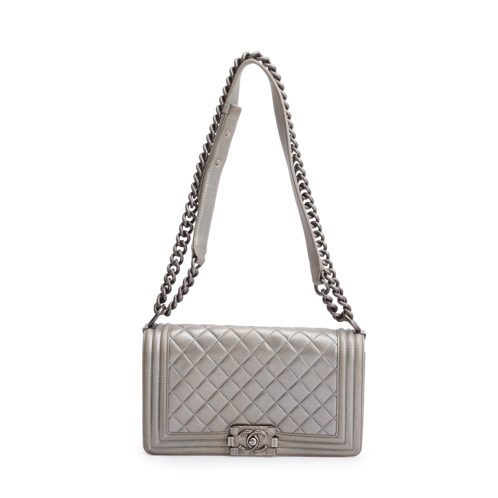 Chanel Grey Metallic Lambskin Leather Medium Boy Bag
