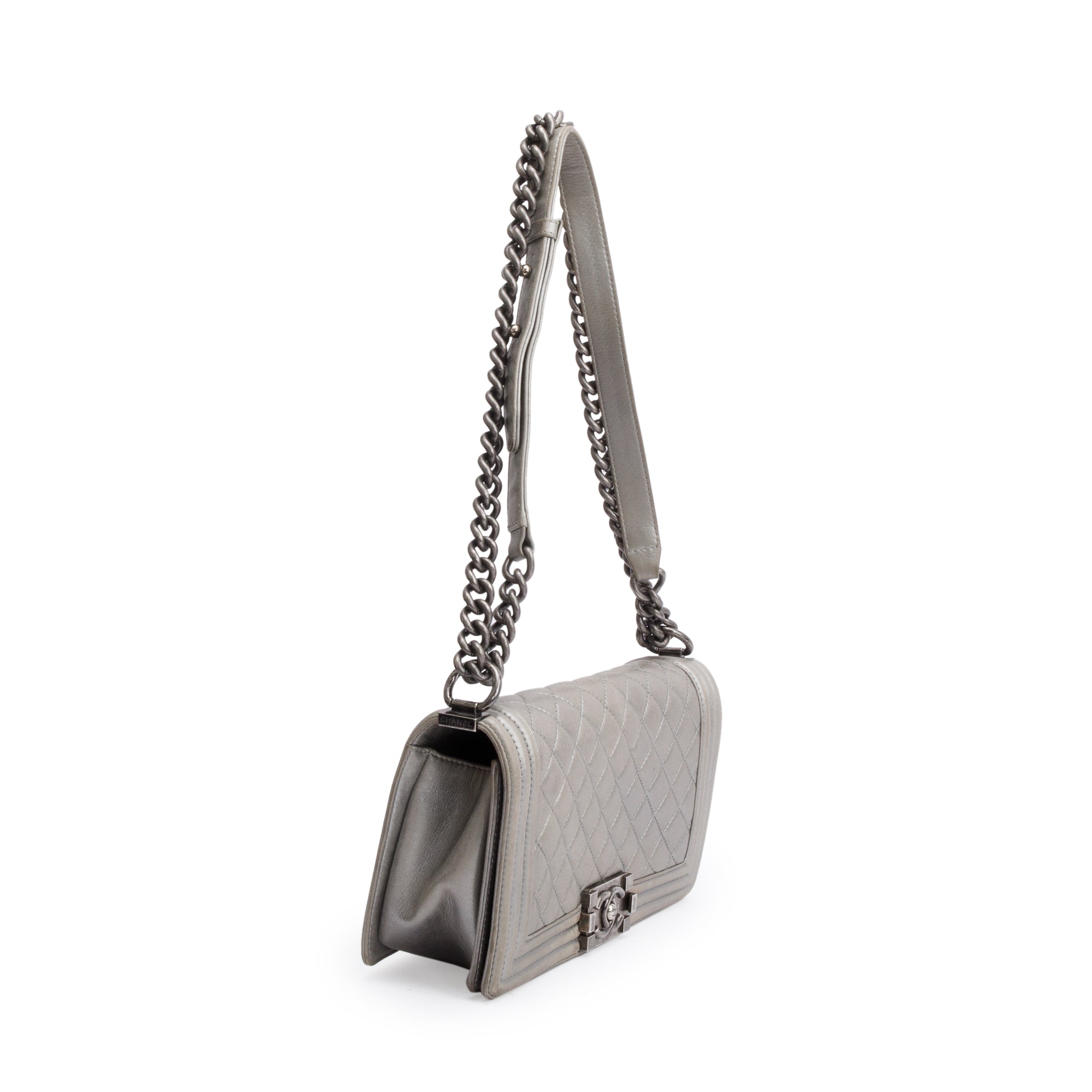 Chanel Grey Metallic Lambskin Leather Medium Boy Bag