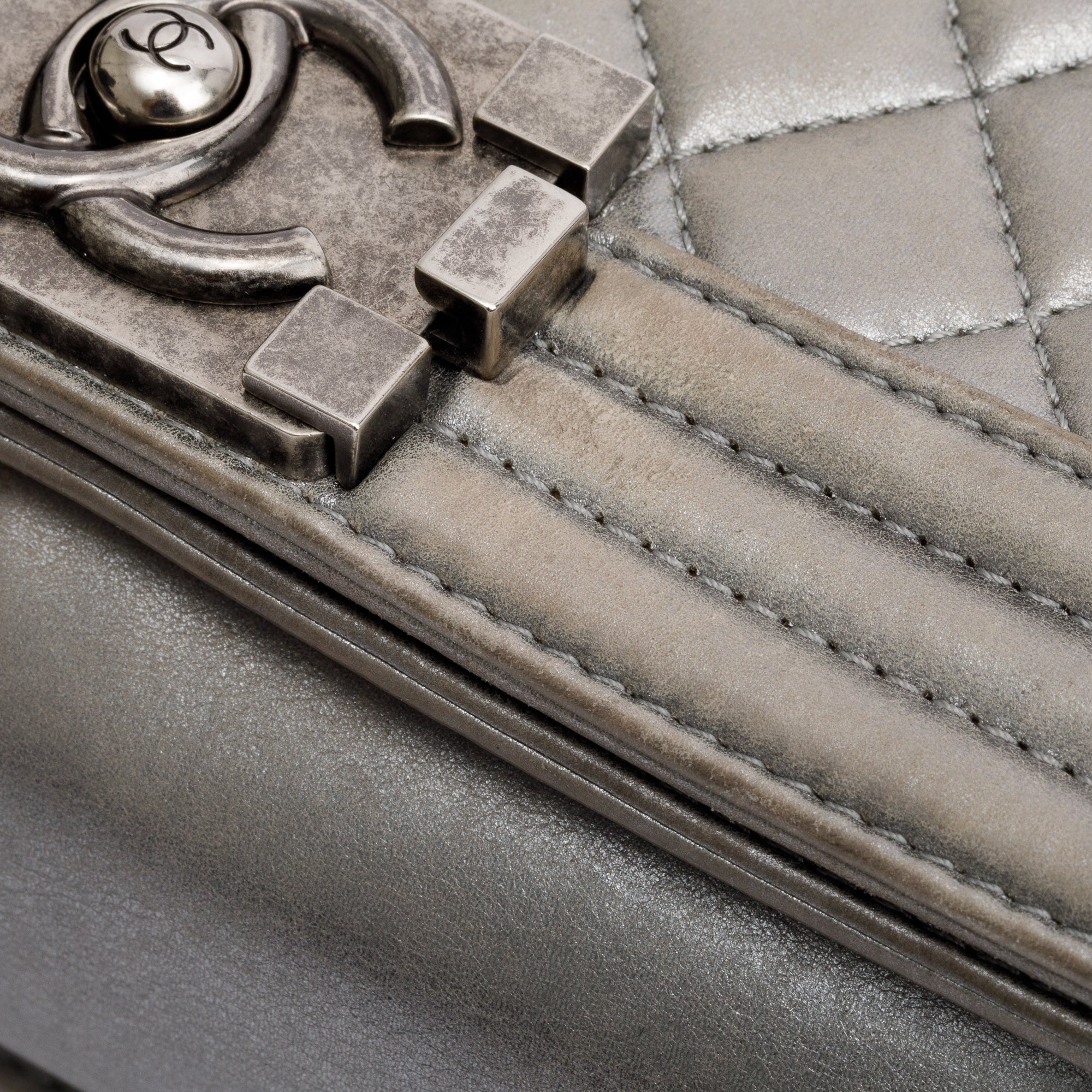 Chanel Grey Metallic Lambskin Leather Medium Boy Bag