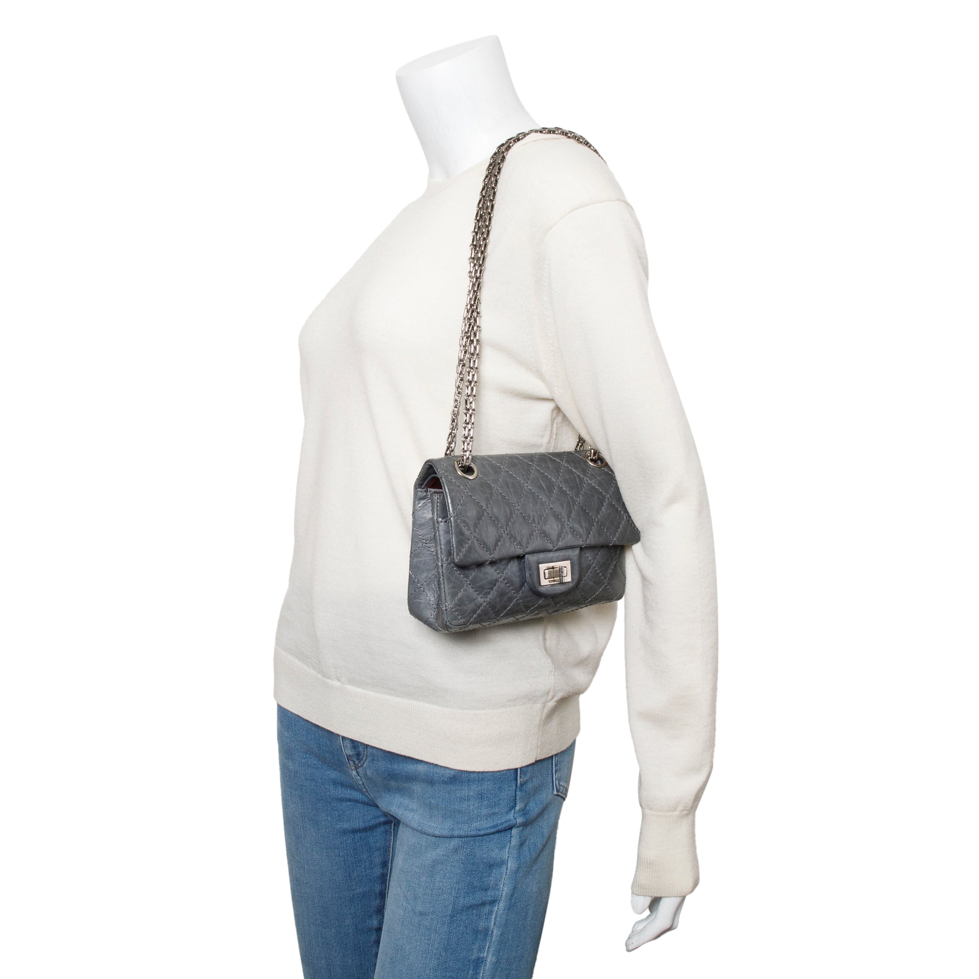 Chanel Grey Quilted Calfskin Leather 2.55 Reissue Mini Double Flap Bag