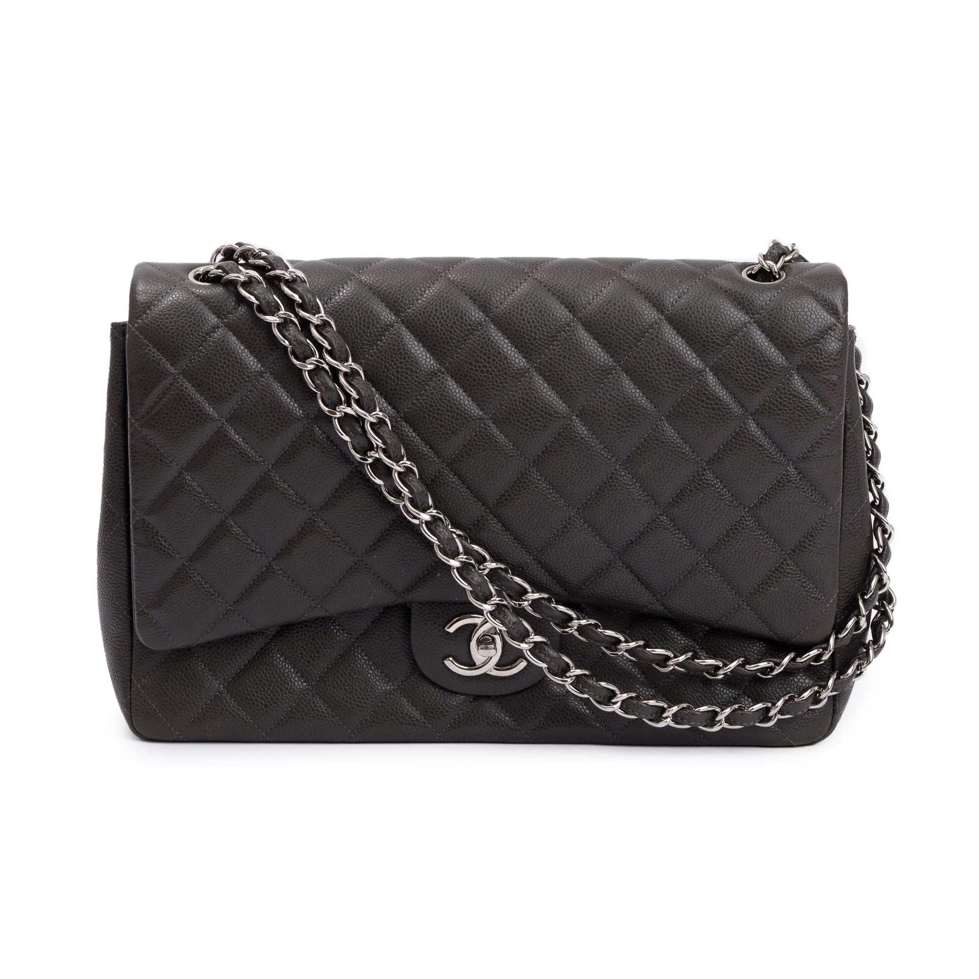 Chanel Grey Quilted Caviar Leather Classic Maxi Double Flap Bag w/ Authenticity Card